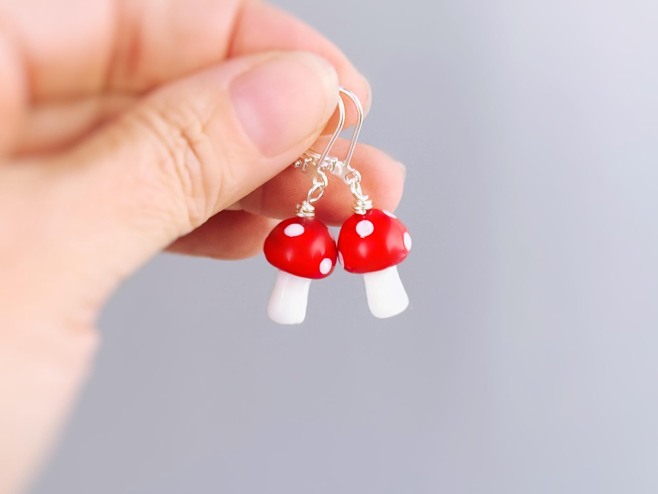 Mushroom Earrings dangle silver, gold handmade Cottagecore Jewelry unique fairycore earrings gift for gardener nature plant lover sister bff