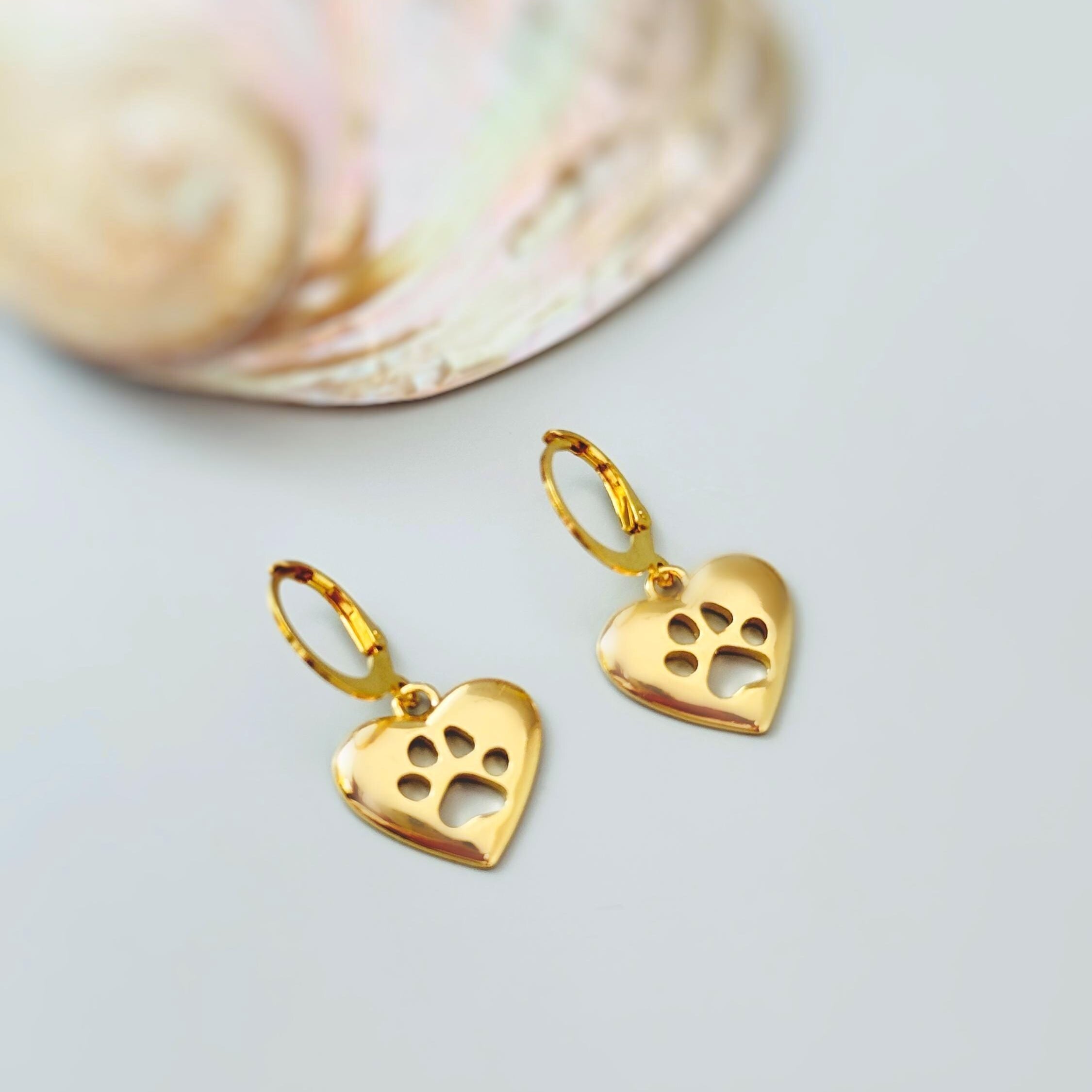 Gold Heart Dog Paw Print Earrings dangle Huggie Hoops handmade animal jewelry unique gift for dog moms animal lovers veterinarians vet techs