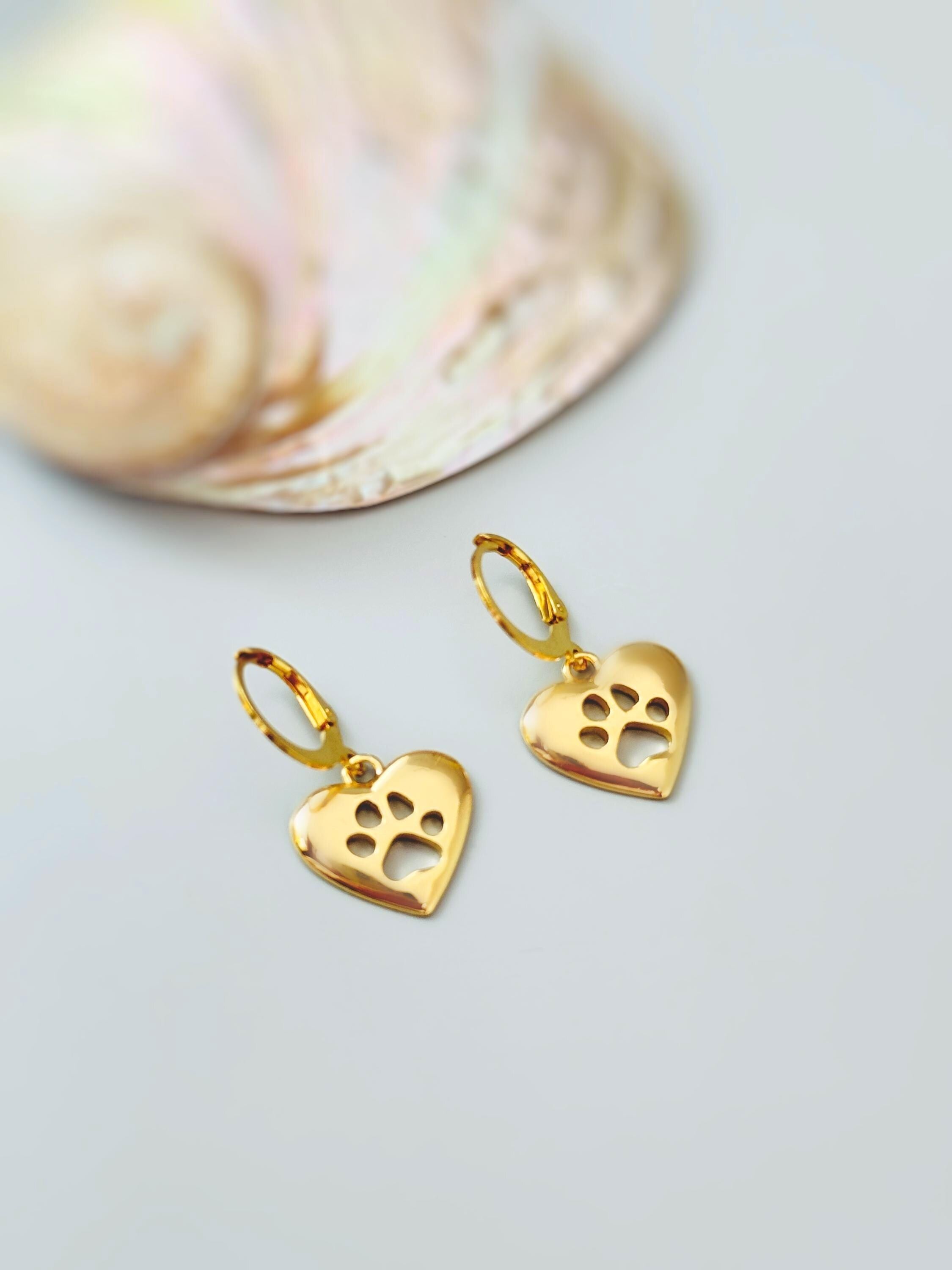 Gold Heart Dog Paw Print Earrings dangle Huggie Hoops handmade animal jewelry unique gift for dog moms animal lovers veterinarians vet techs