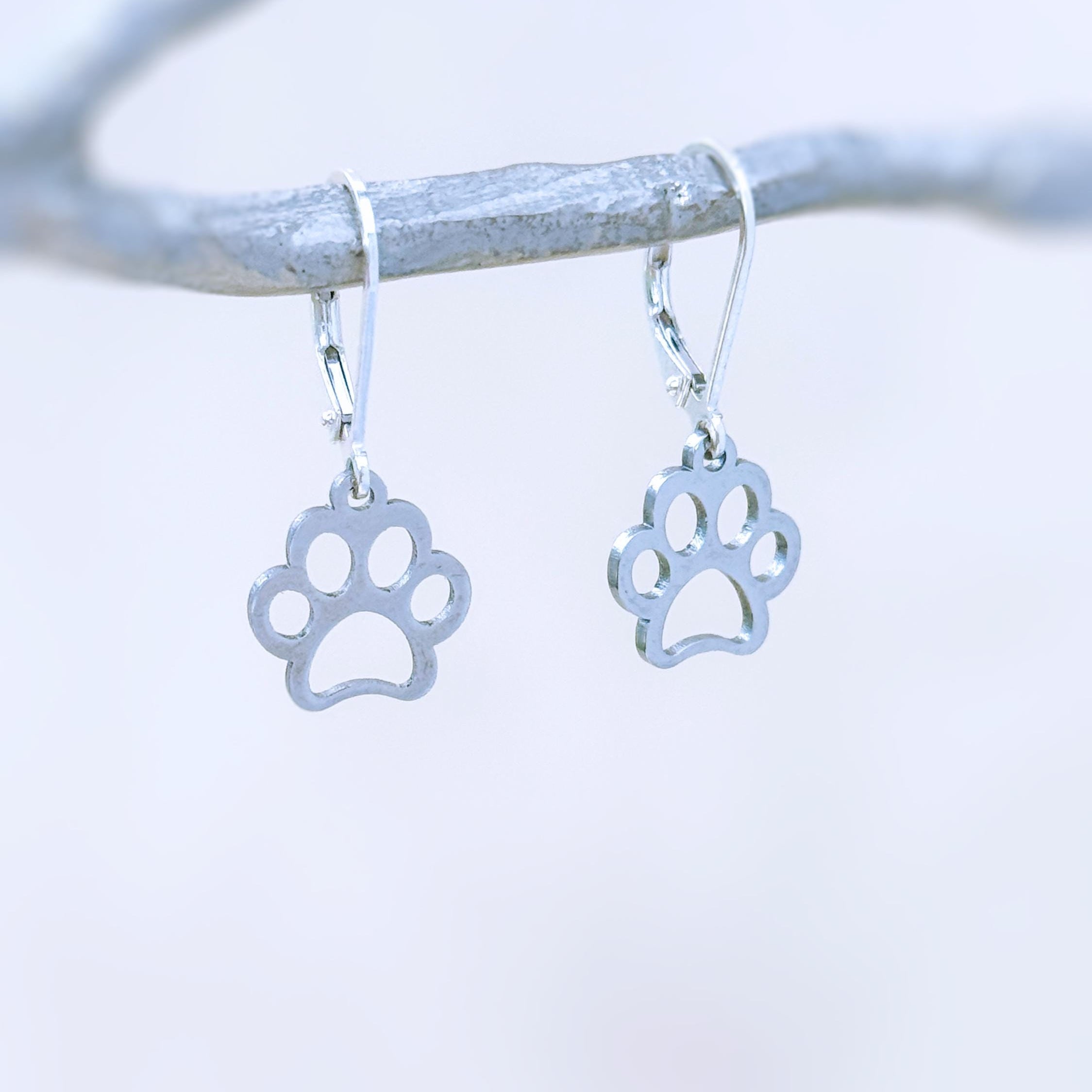 Silver Paw Print Dog Earrings dangle Hoops silver gold, rose gold handmade animal jewelry gift for dog moms animal lovers veterinarians vet techs