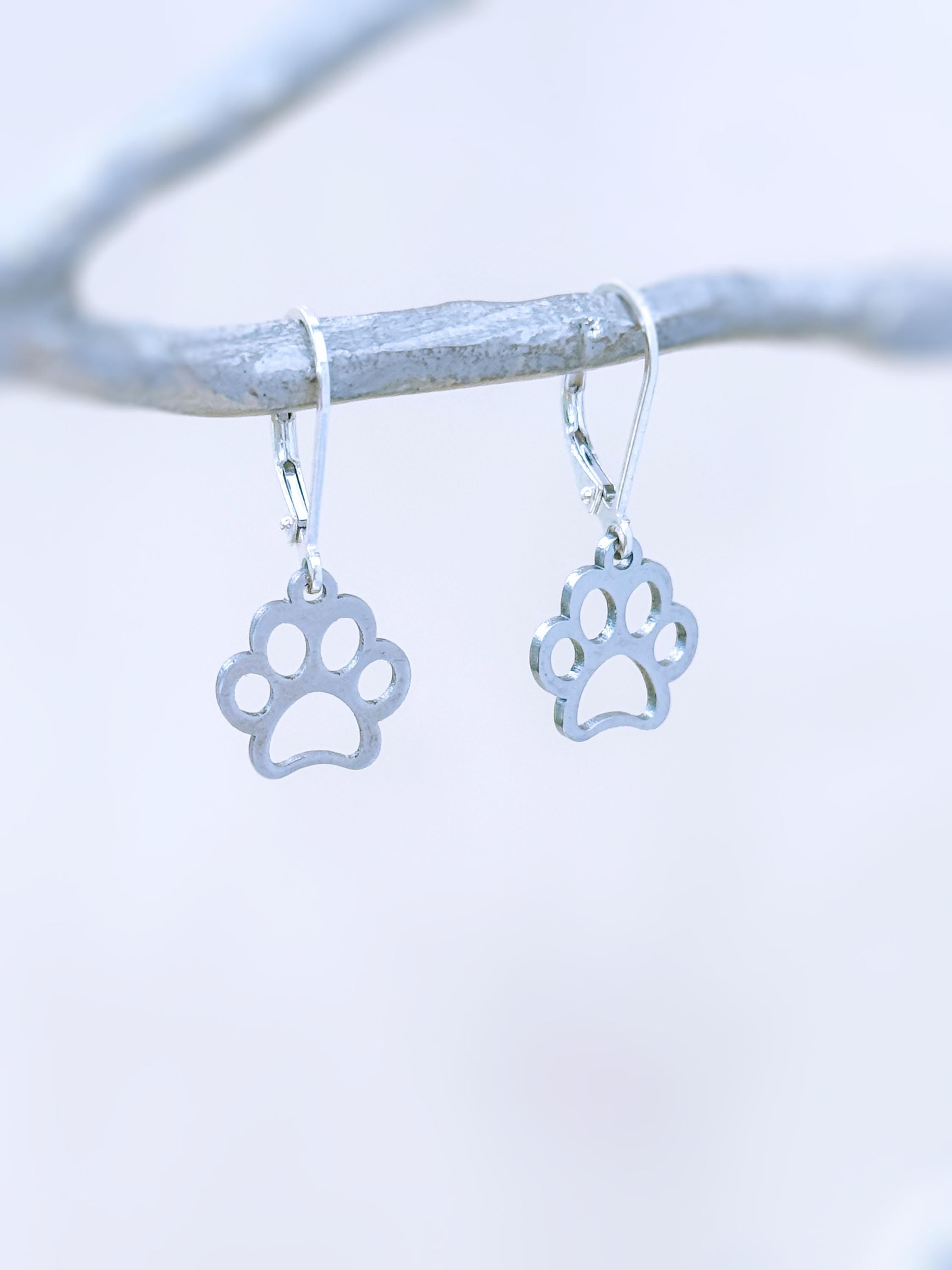 Silver Paw Print Dog Earrings dangle Hoops silver gold, rose gold handmade animal jewelry gift for dog moms animal lovers veterinarians vet techs