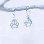 Silver Paw Print Dog Earrings dangle Hoops silver gold, rose gold handmade animal jewelry gift for dog moms animal lovers veterinarians vet techs