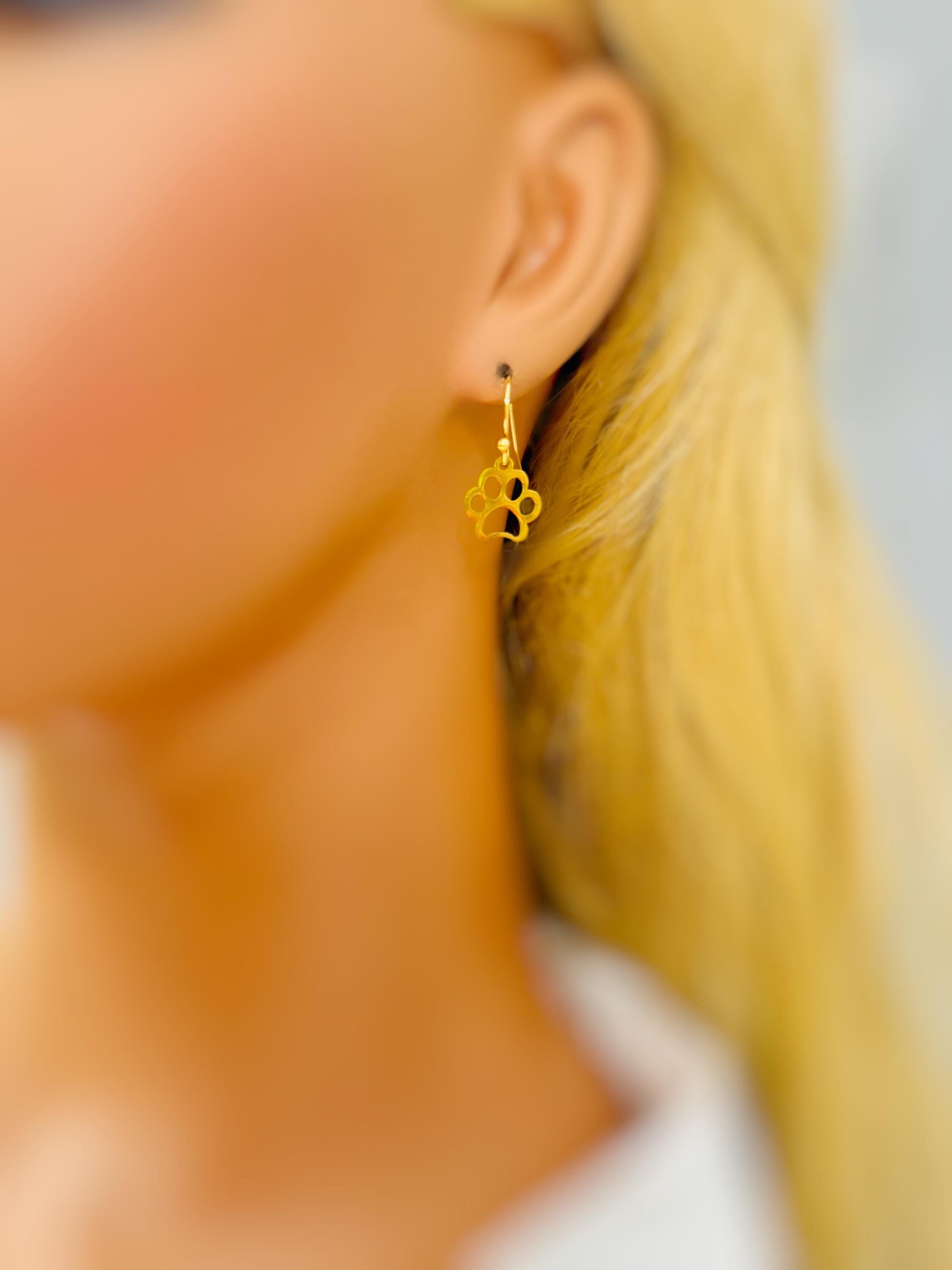 Gold Paw Print Dog Earrings dangle Hoops silver rose gold handmade animal jewelry gift for dog moms animal lovers veterinarians vet techs
