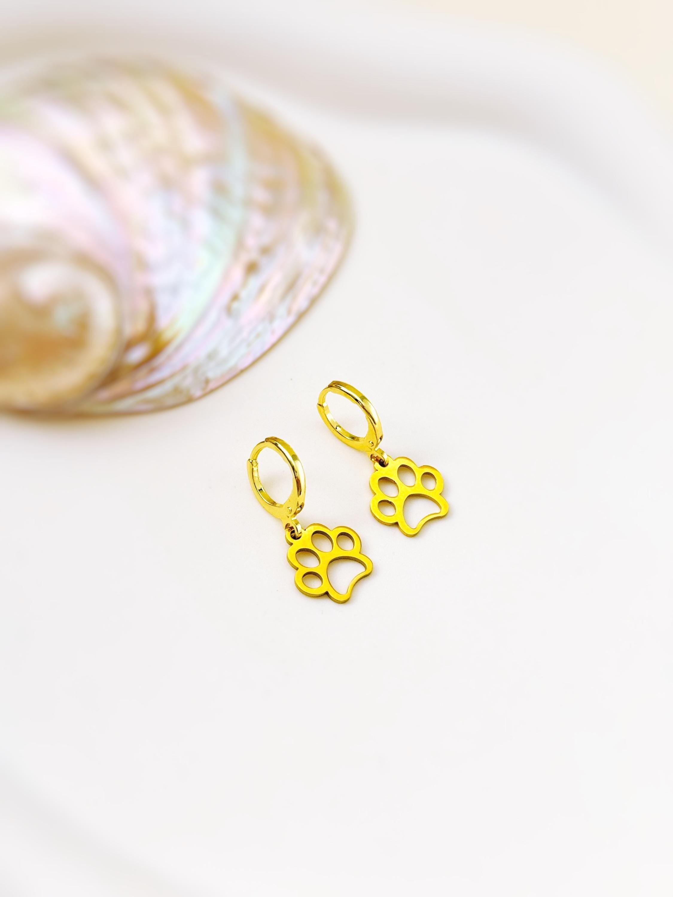 Gold Paw Print Dog Earrings dangle Hoops silver rose gold handmade animal jewelry gift for dog moms animal lovers veterinarians vet techs