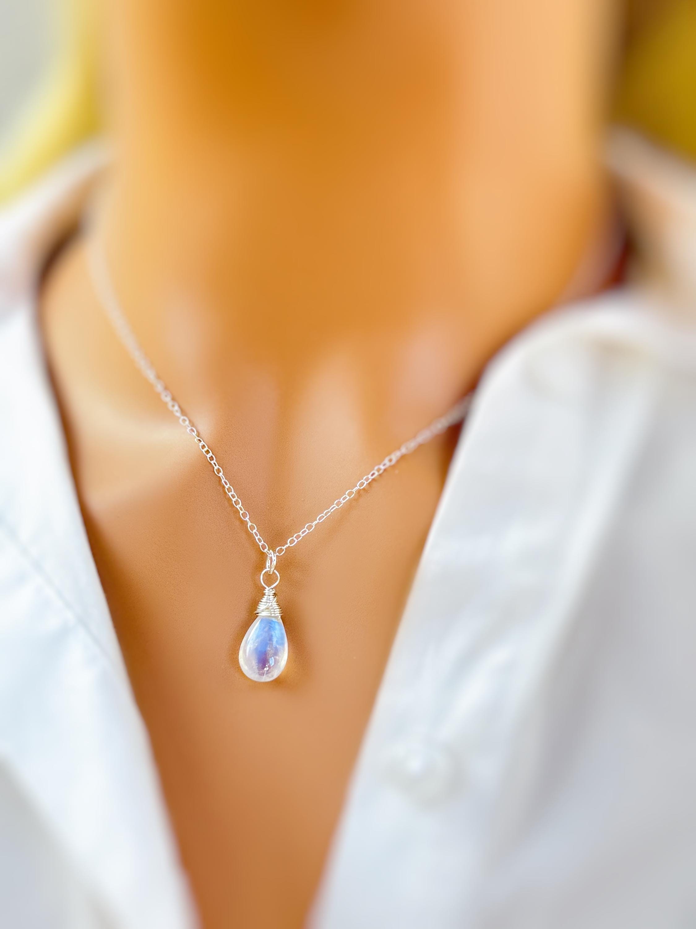 Dainty Silver Moonstone Necklace Sterling Silver or 14k Gold Fill Smooth Briolette Pendant June Birthstone Gift Handmade in Michigan