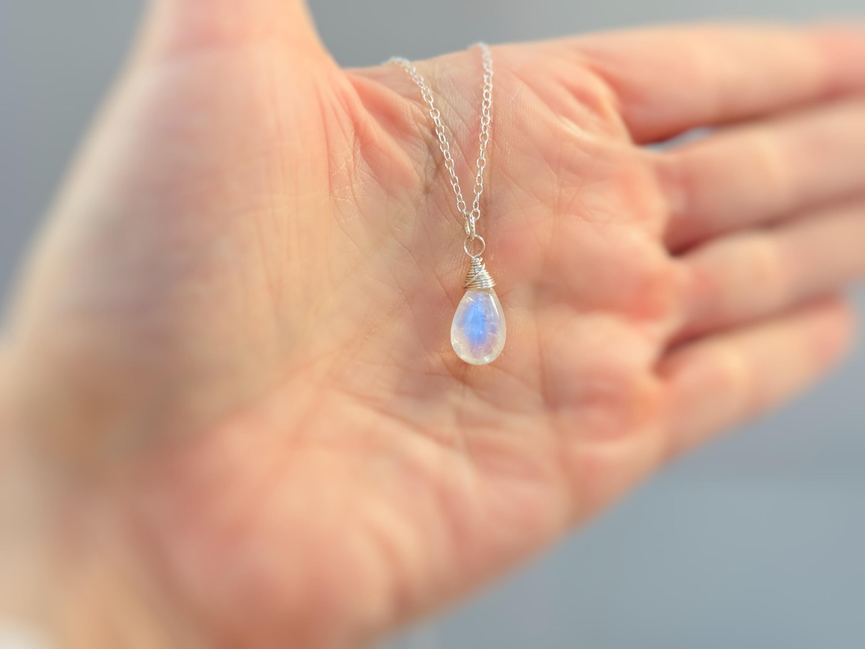 Dainty Silver Moonstone Necklace Sterling Silver or 14k Gold Fill Smooth Briolette Pendant June Birthstone Gift Handmade in Michigan