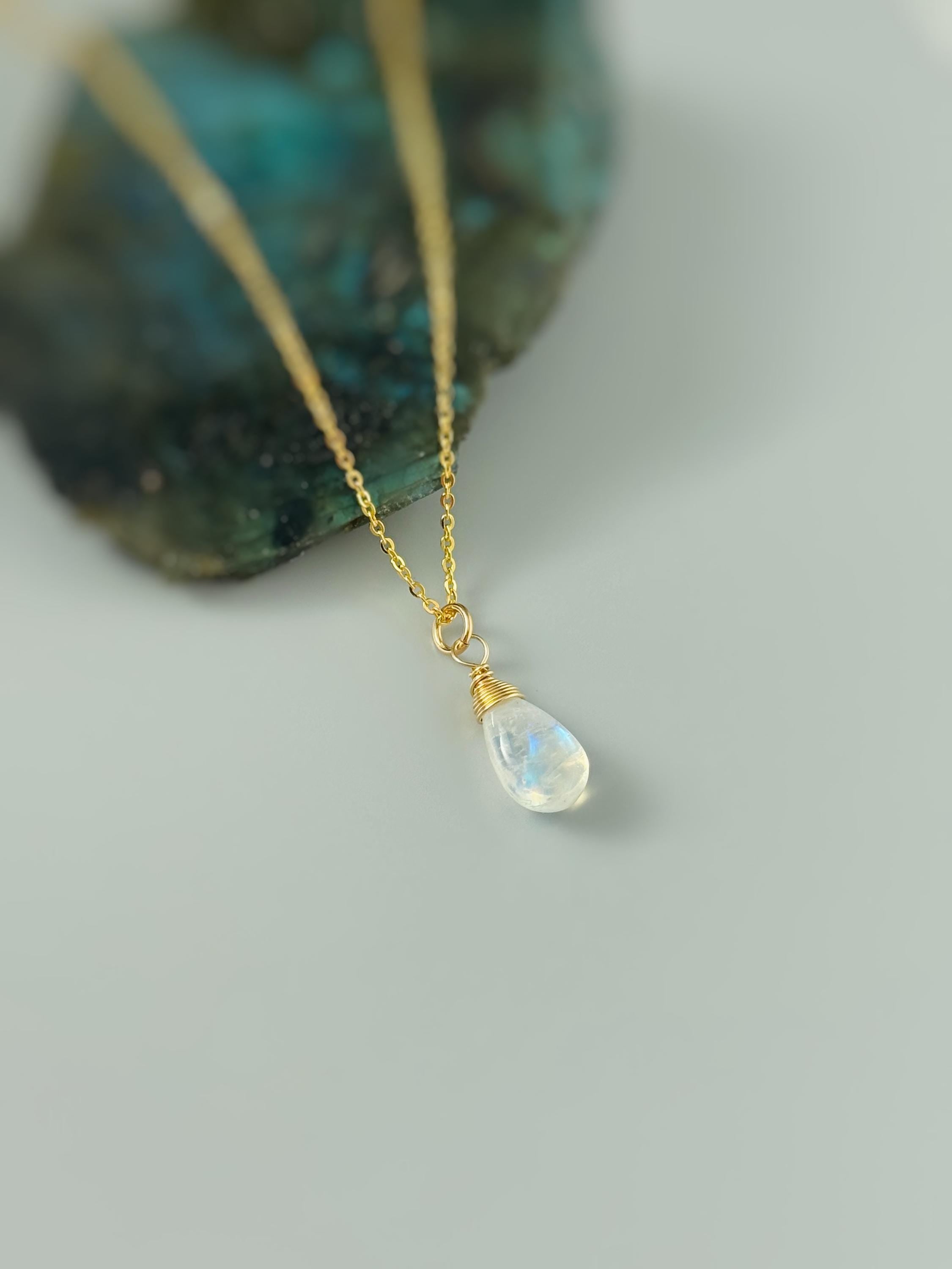 Dainty Silver Moonstone Necklace Sterling Silver or 14k Gold Fill Smooth Briolette Pendant June Birthstone Gift Handmade in Michigan