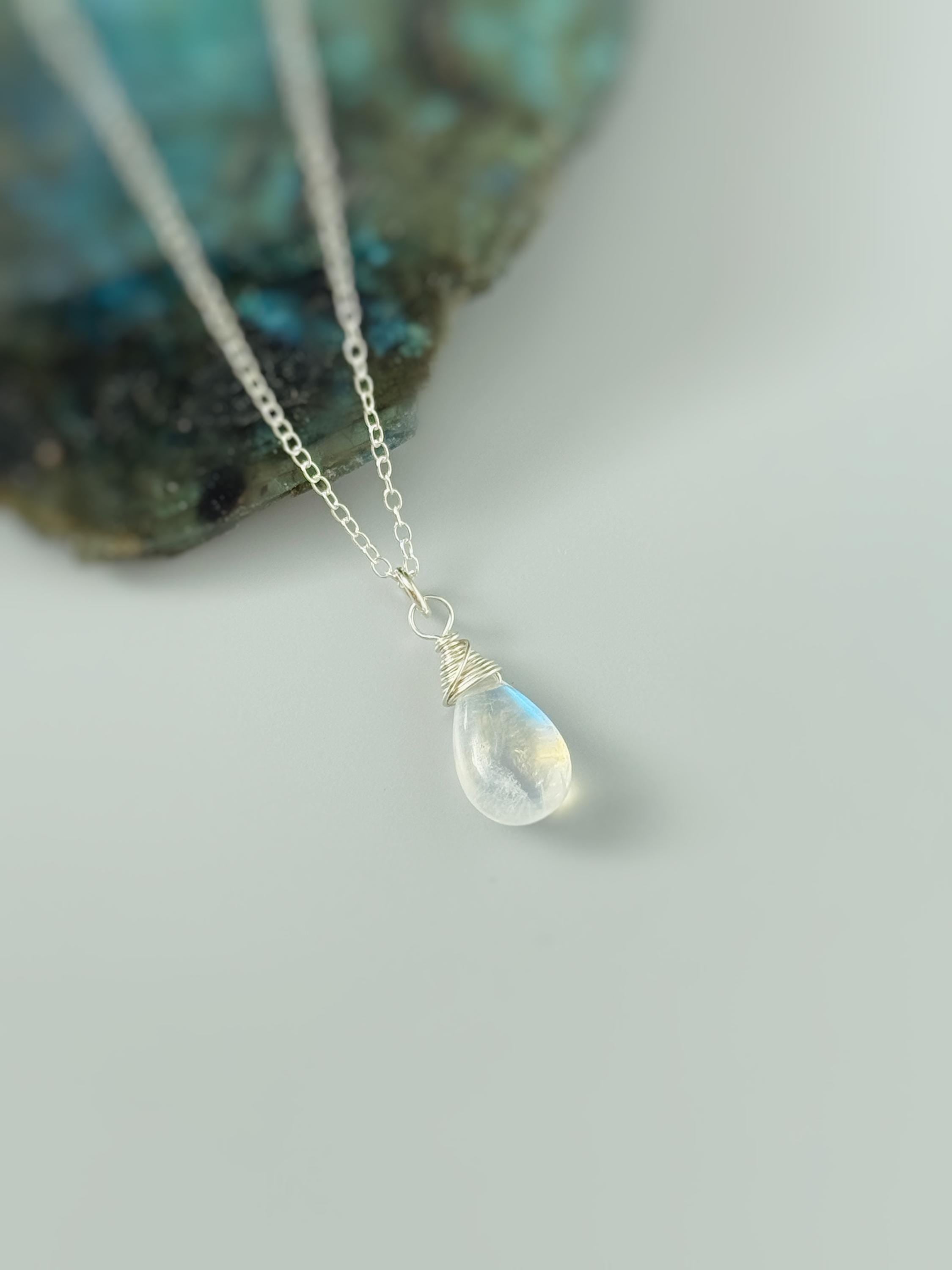 Dainty Silver Moonstone Necklace Sterling Silver or 14k Gold Fill Smooth Briolette Pendant June Birthstone Gift Handmade in Michigan