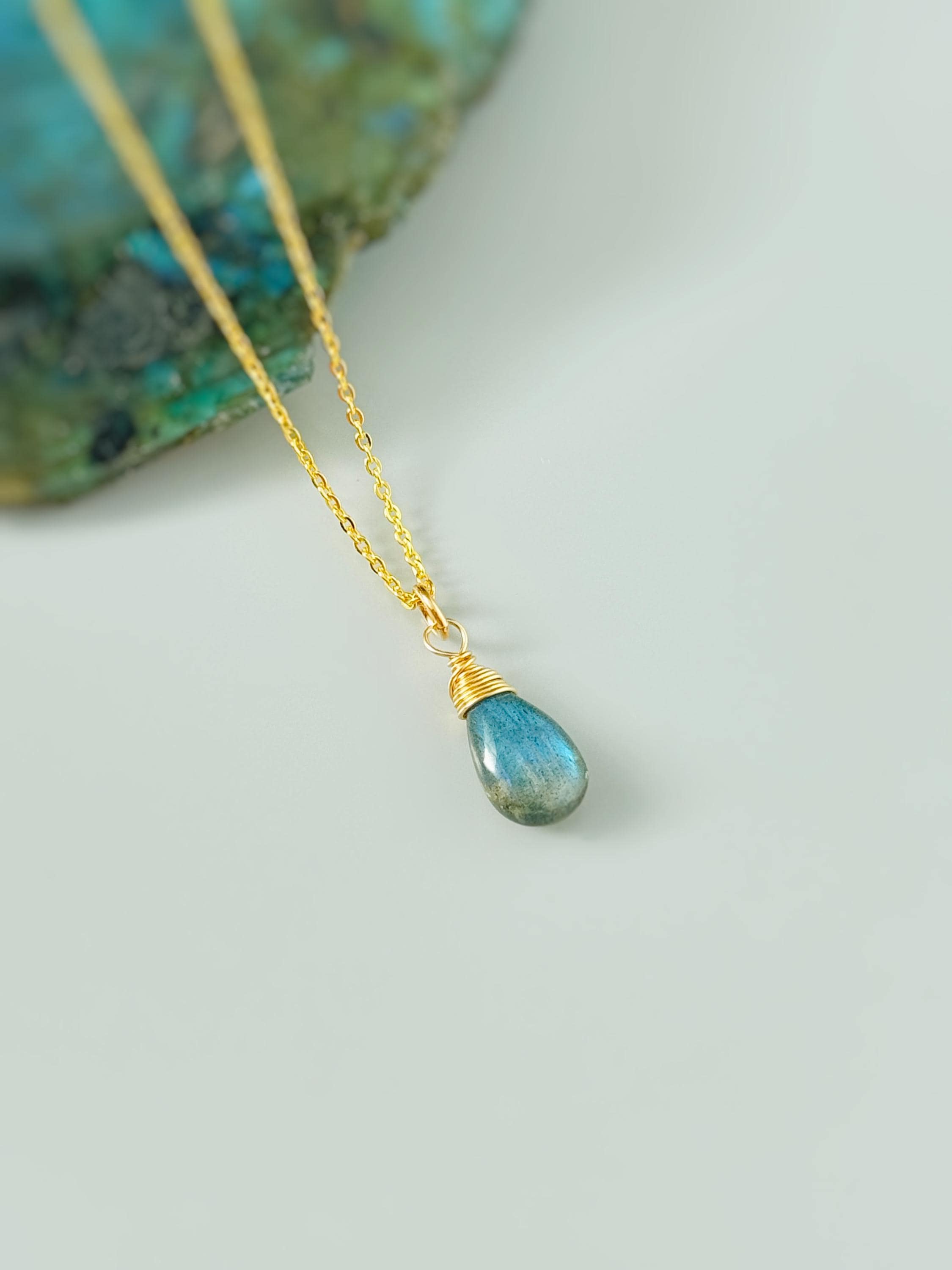 Dainty Smooth Briolette Labradorite Necklace Sterling Silver or 14k Gold