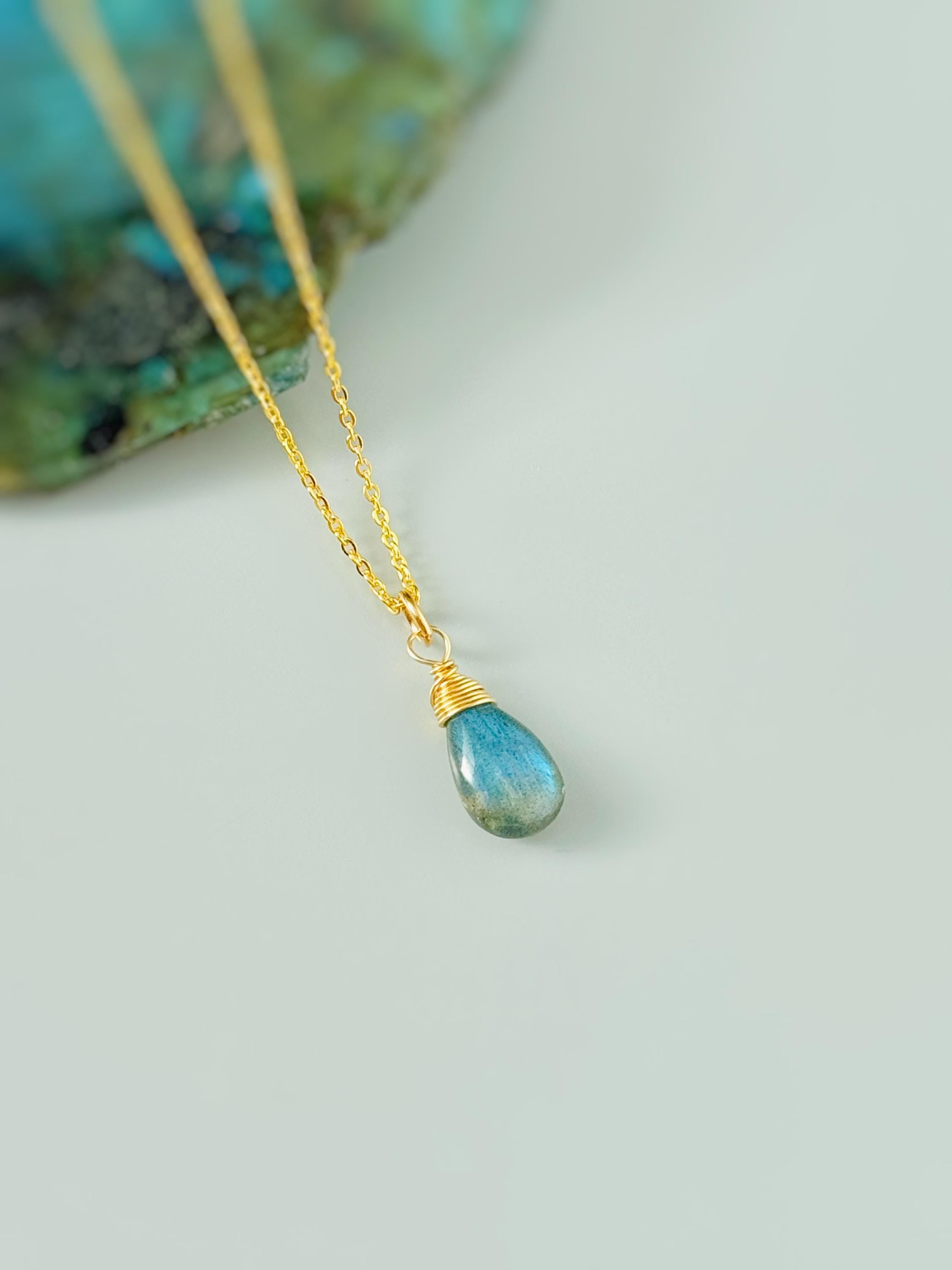 Dainty Smooth Briolette Labradorite Necklace Sterling Silver or 14k Gold