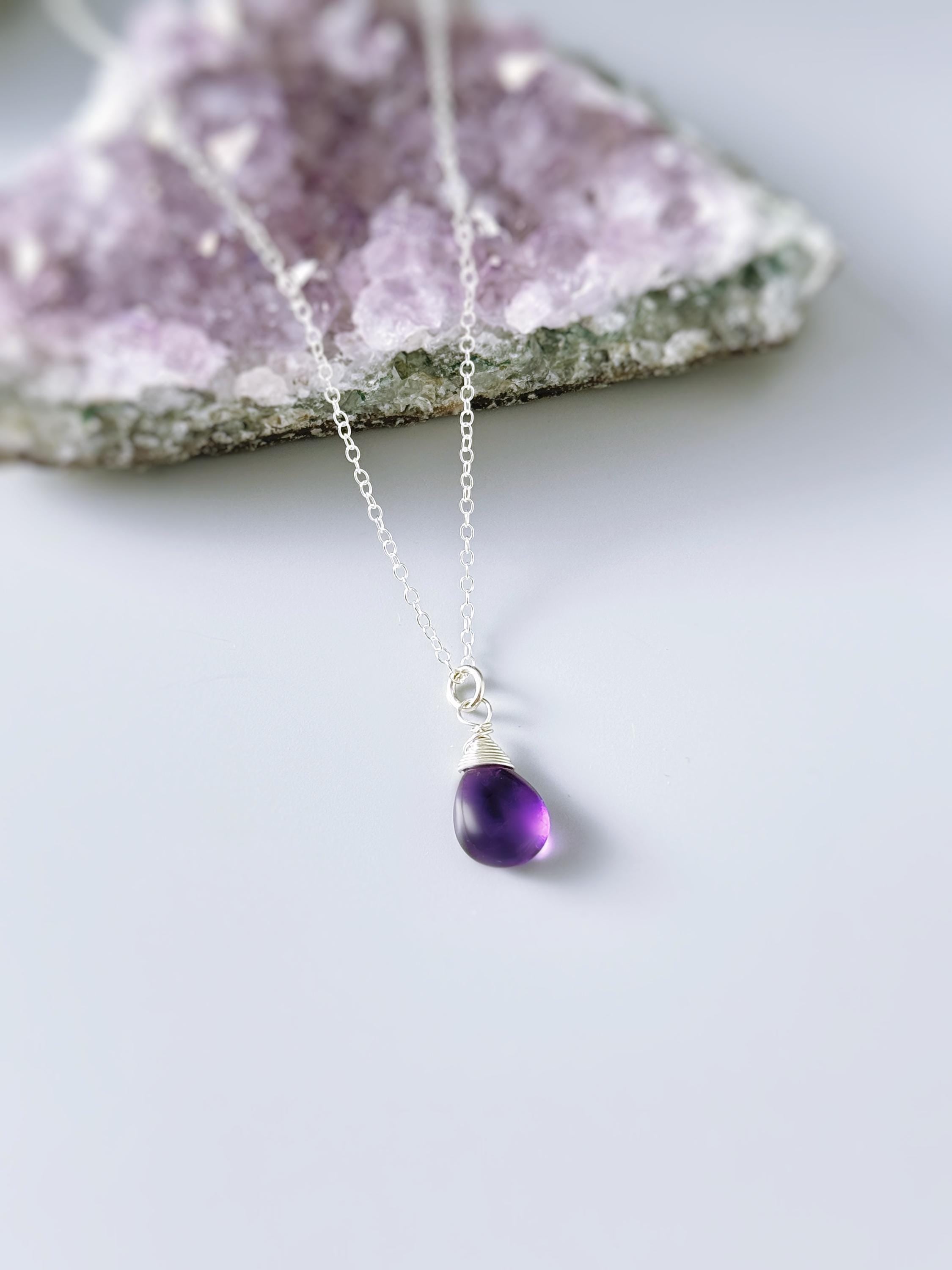 Dainty Silver Amethyst Necklace Smooth Briolette Purple Gemstone Pendant Sterling Silver or 14k Gold Fill February Birthstone Jewelry gift