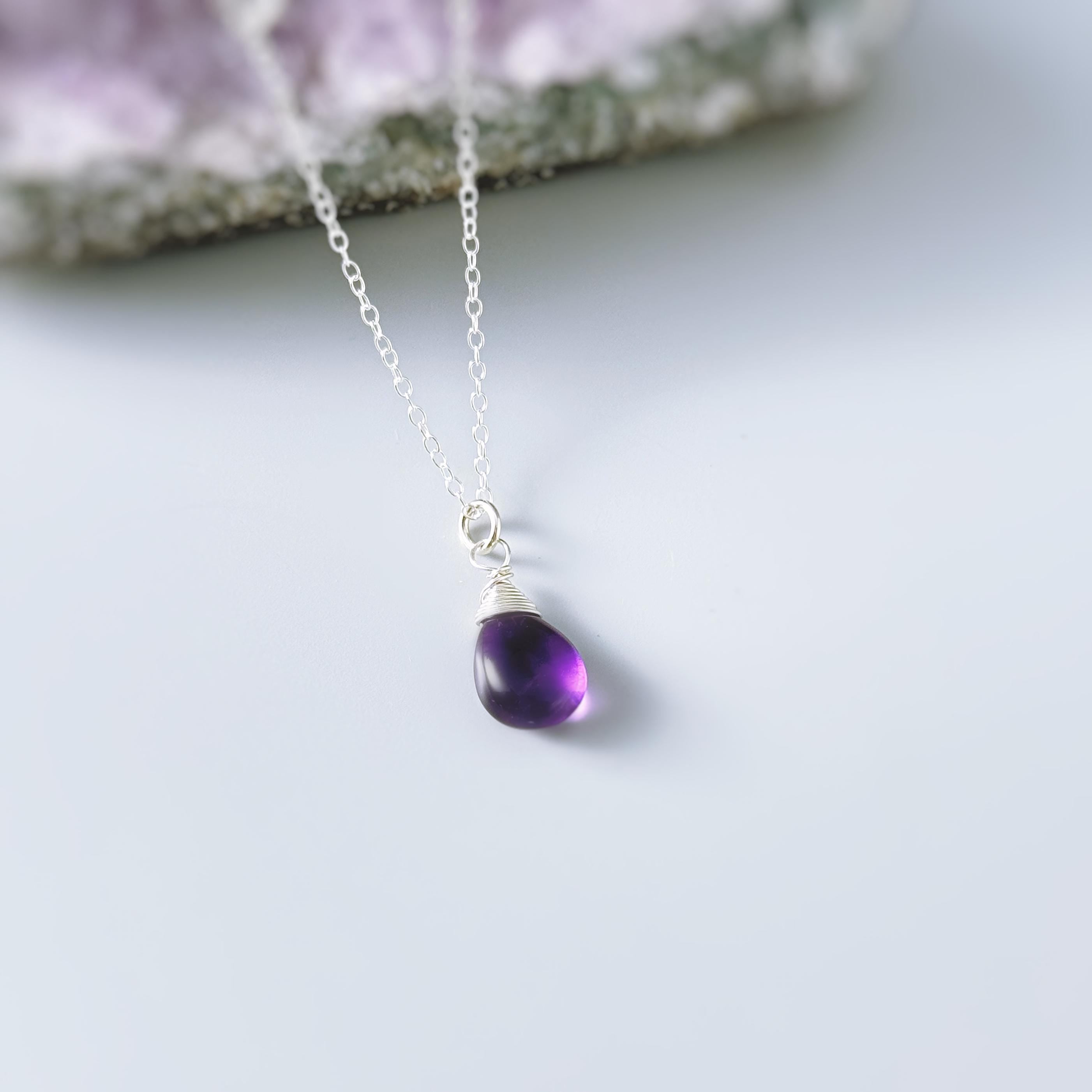 Dainty Silver Amethyst Necklace Smooth Briolette Purple Gemstone Pendant Sterling Silver or 14k Gold Fill February Birthstone Jewelry gift