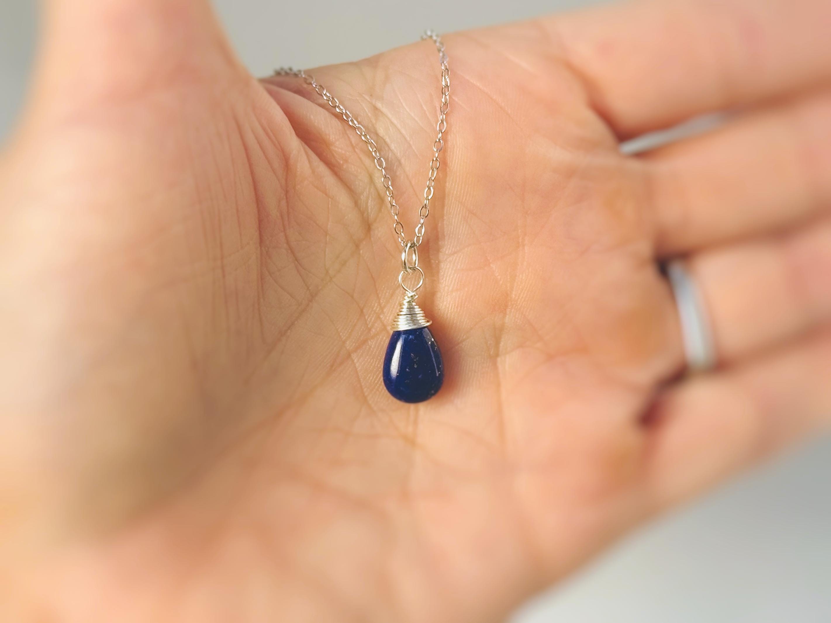 Dainty Silver Lapis Necklace Smooth Briolette Purple Gemstone Pendant Sterling Silver or 14k Gold Fill September Birthstone Jewelry gift