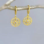 Gold North Star Earrings dangle gold Huggie Hoops dainty minimalist Polaris compass charms handmade jewelry gift for graduation, travelers