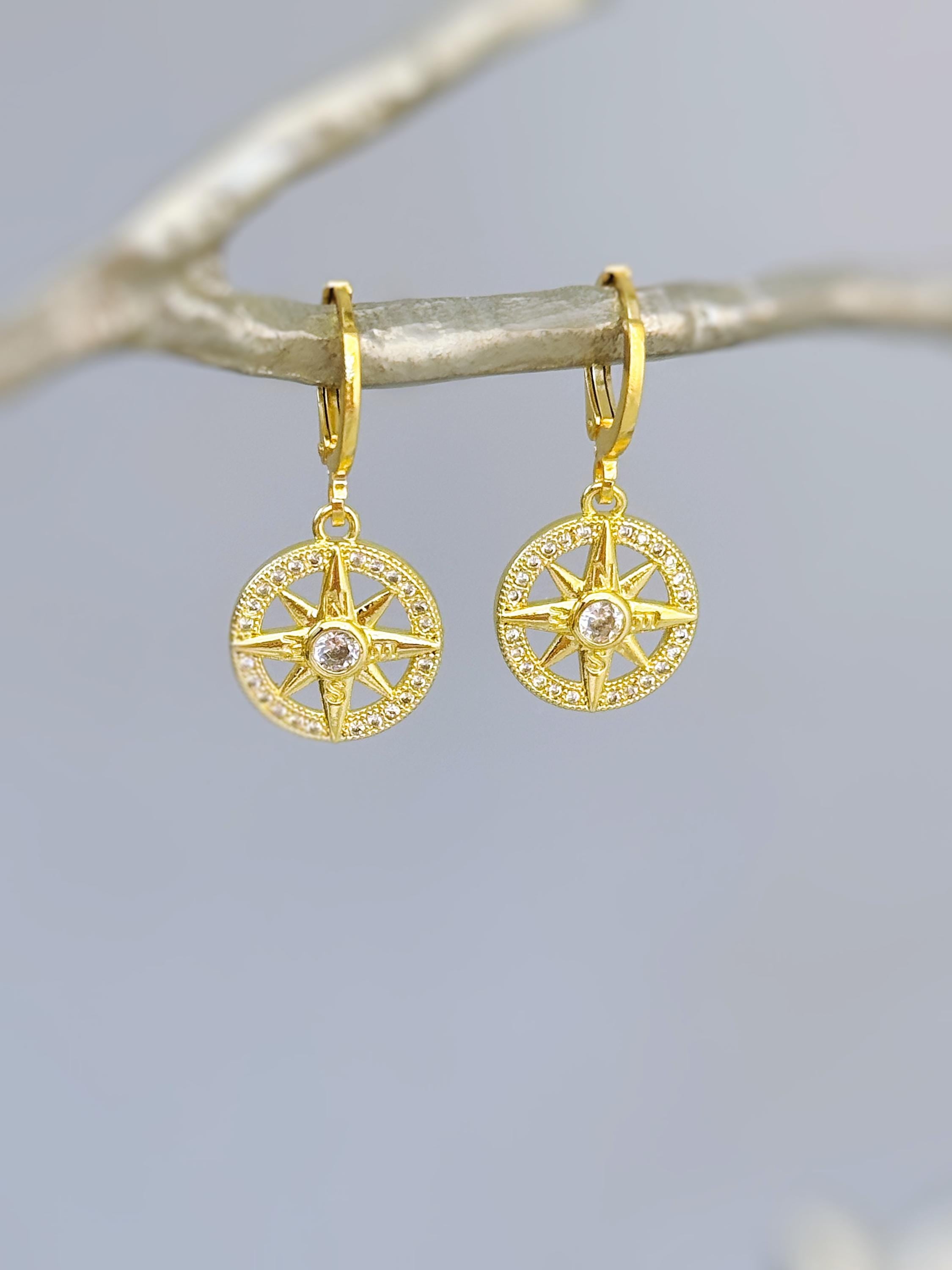 Gold North Star Earrings dangle gold Huggie Hoops dainty minimalist Polaris compass charms handmade jewelry gift for graduation, travelers