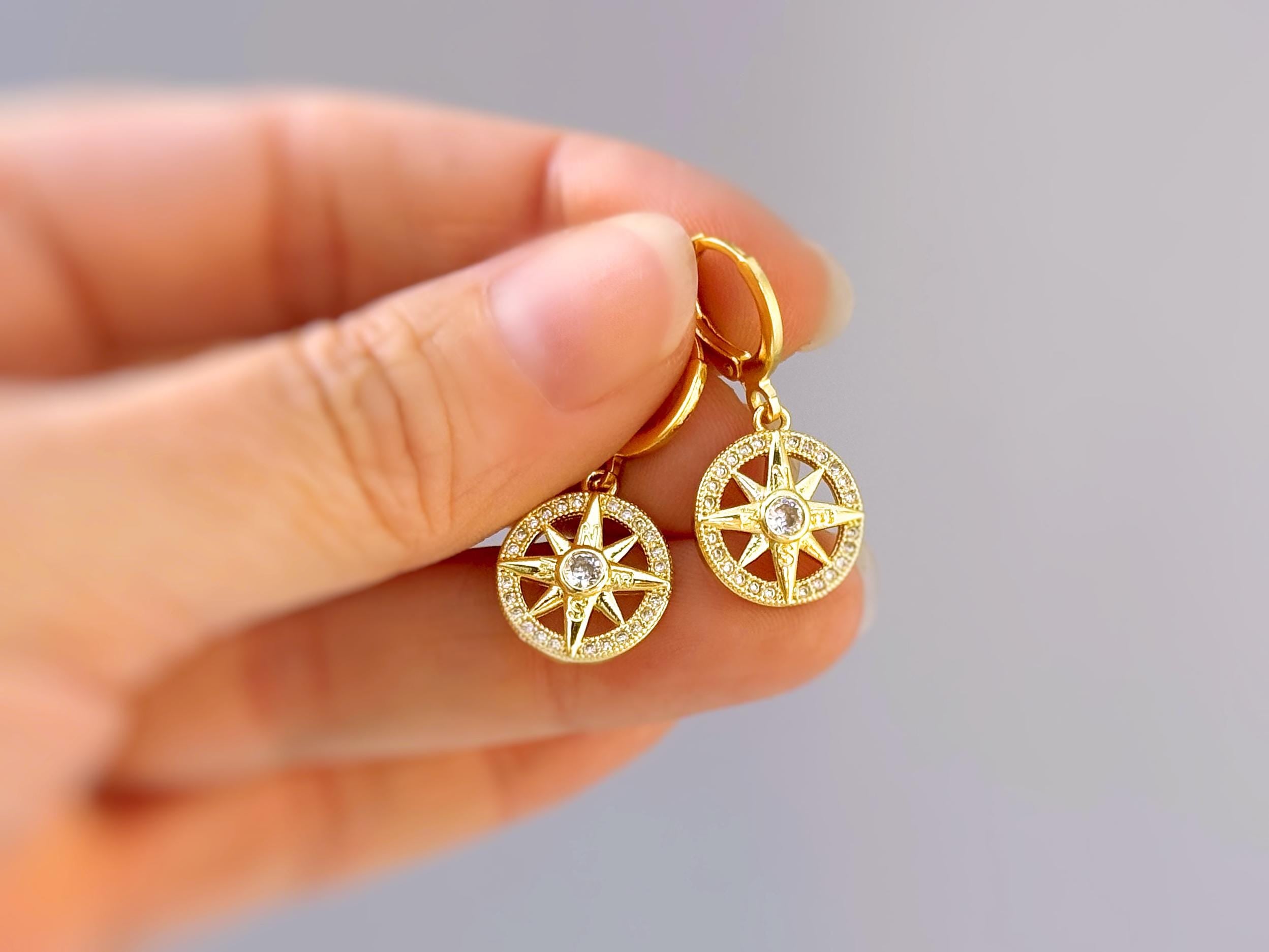 Gold North Star Earrings dangle gold Huggie Hoops dainty minimalist Polaris compass charms handmade jewelry gift for graduation, travelers