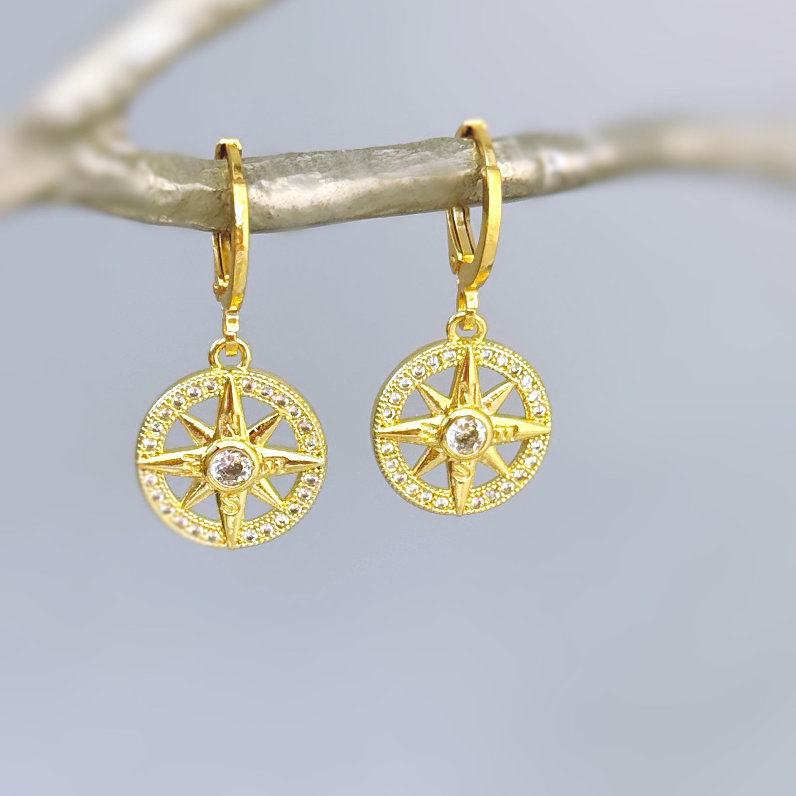 Gold Compass Earrings dangle gold Huggie Hoops dainty minimalist Polaris north star charms handmade  jewelry gift for graduation, travelers