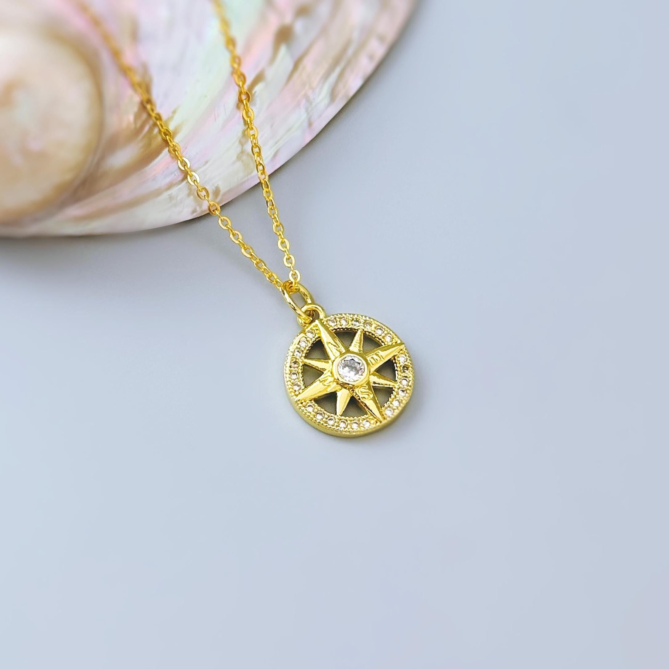 Dainty Diamond and Gold Compass Necklace handmade travel jewelry gift for graduation, adventurers compass pendant gift for daughter, sister