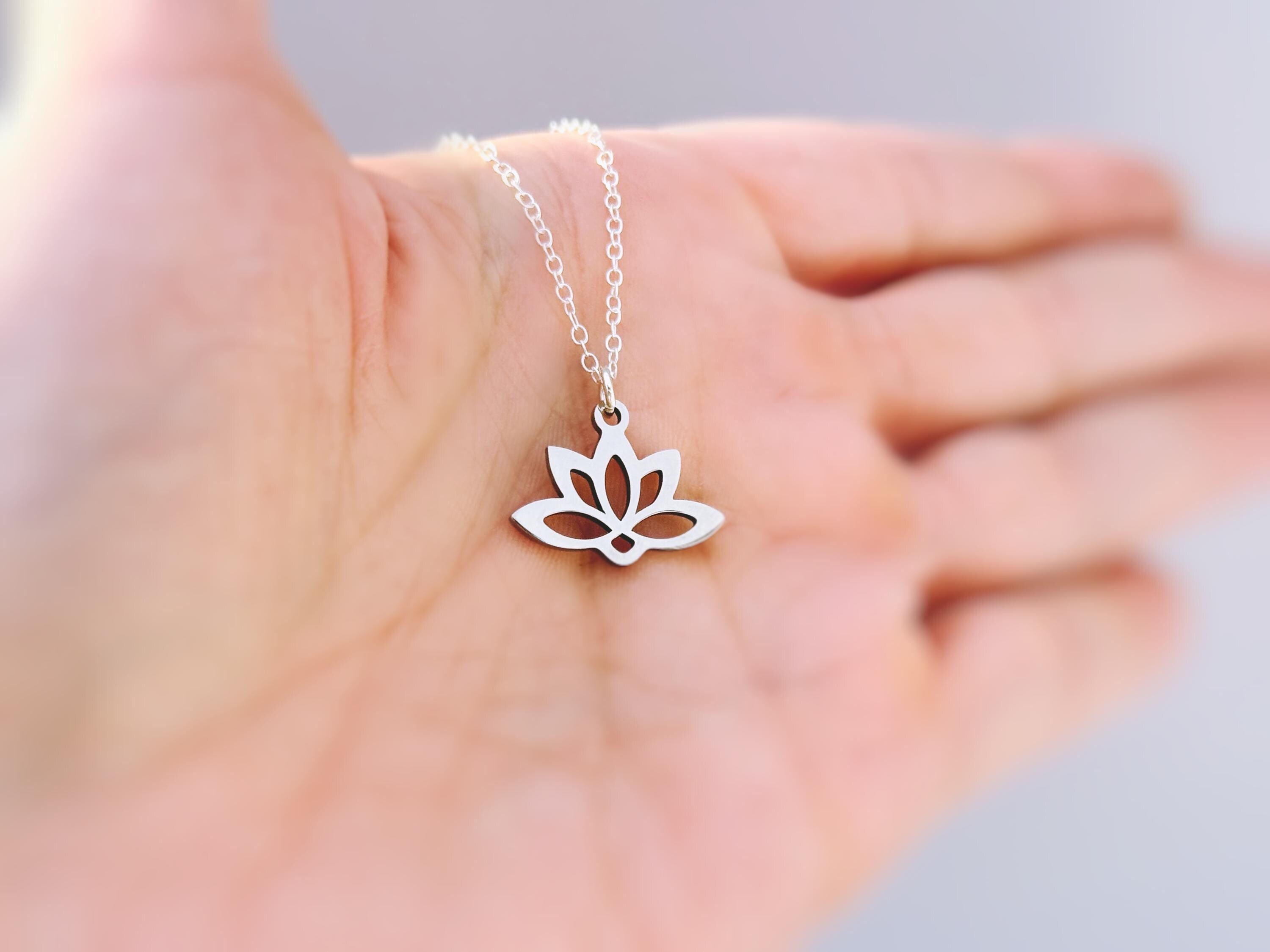 Gold Lotus Necklace, sterling silver Water Lily flower pendant for women minimalist handmade jewelry yoga gift for gardener July birthflower