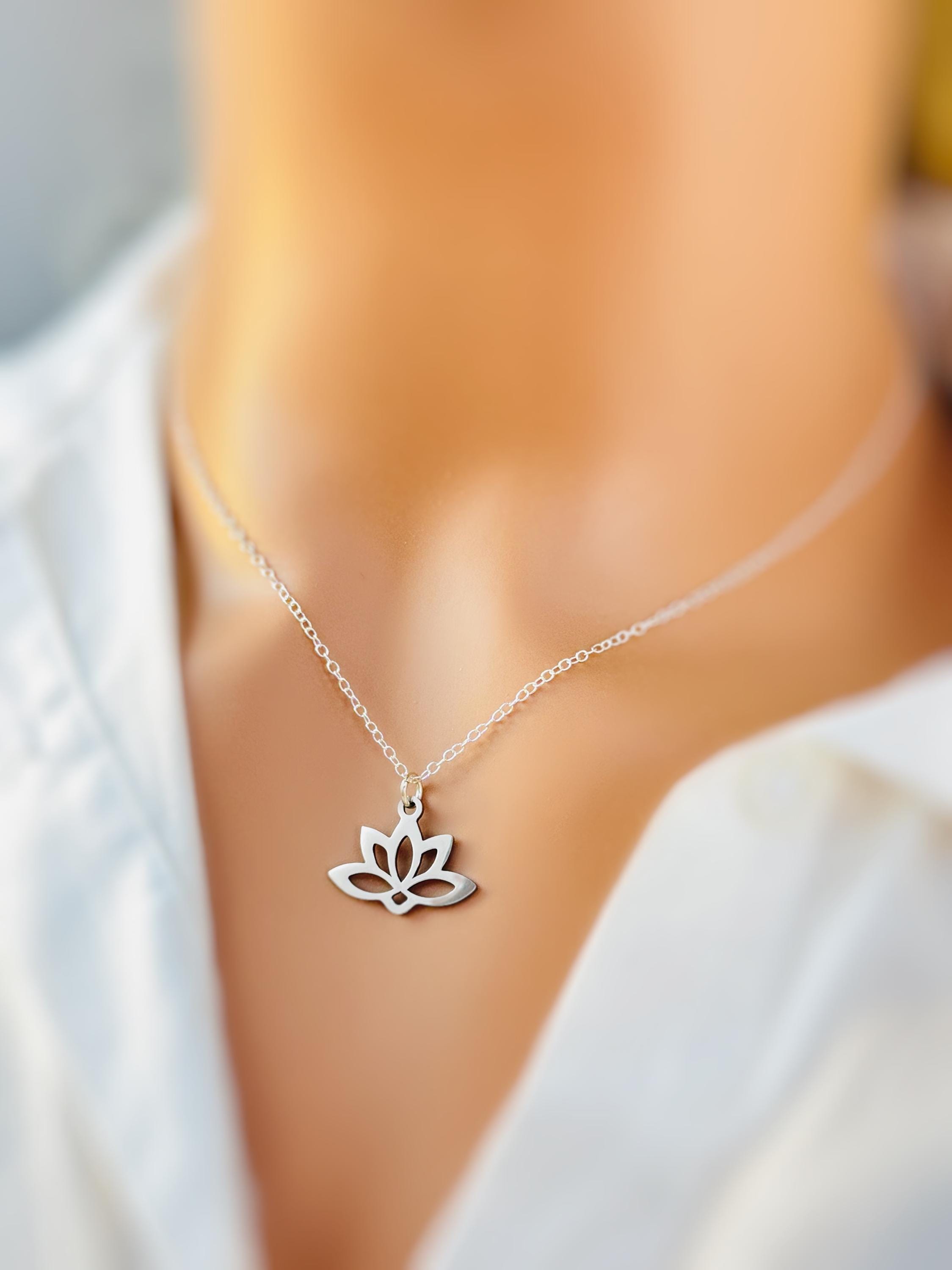 Gold Lotus Necklace, sterling silver Water Lily flower pendant for women minimalist handmade jewelry yoga gift for gardener July birthflower