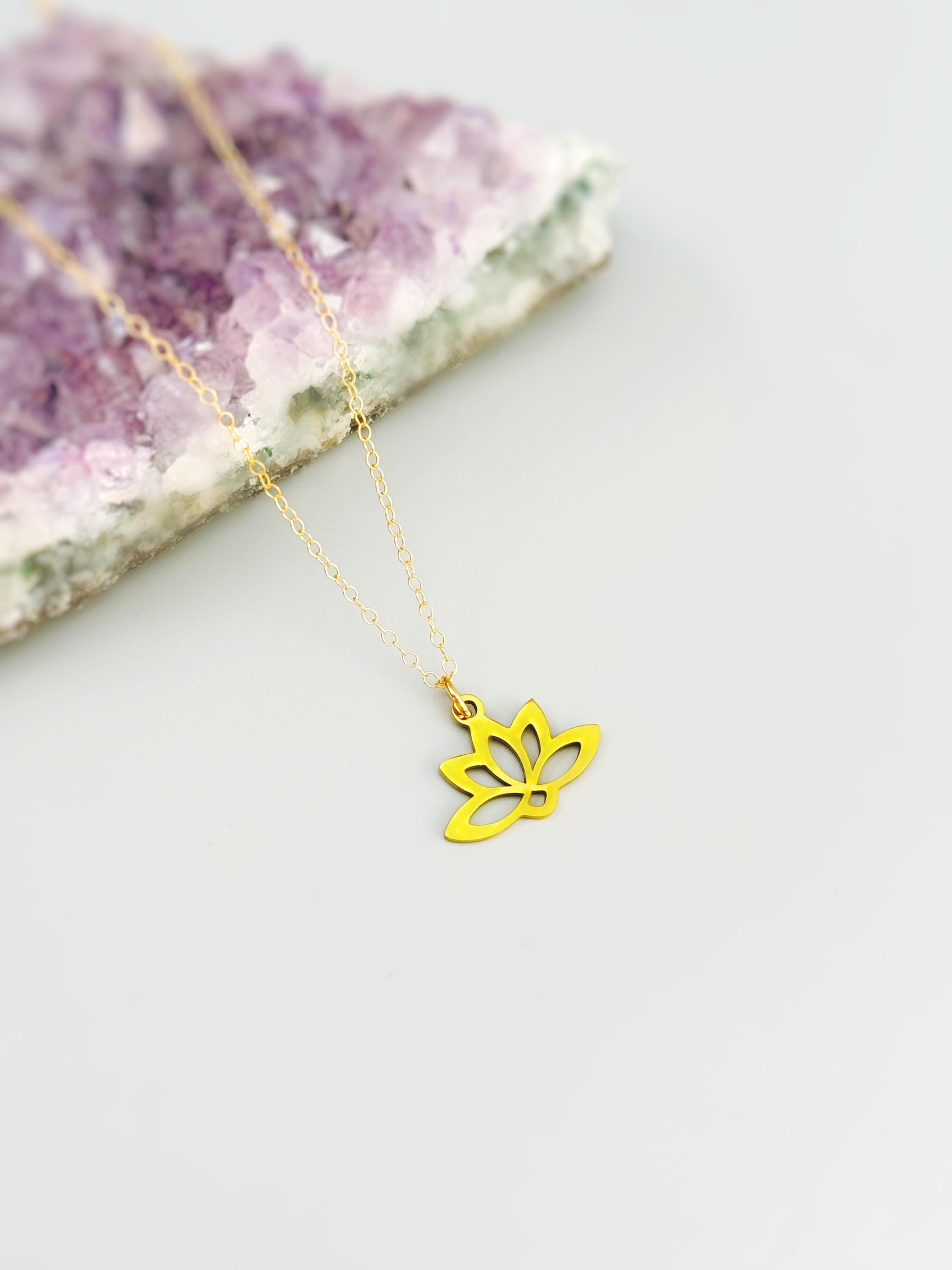 Gold Lotus Necklace, sterling silver Water Lily flower pendant for women minimalist handmade jewelry yoga gift for gardener July birthflower
