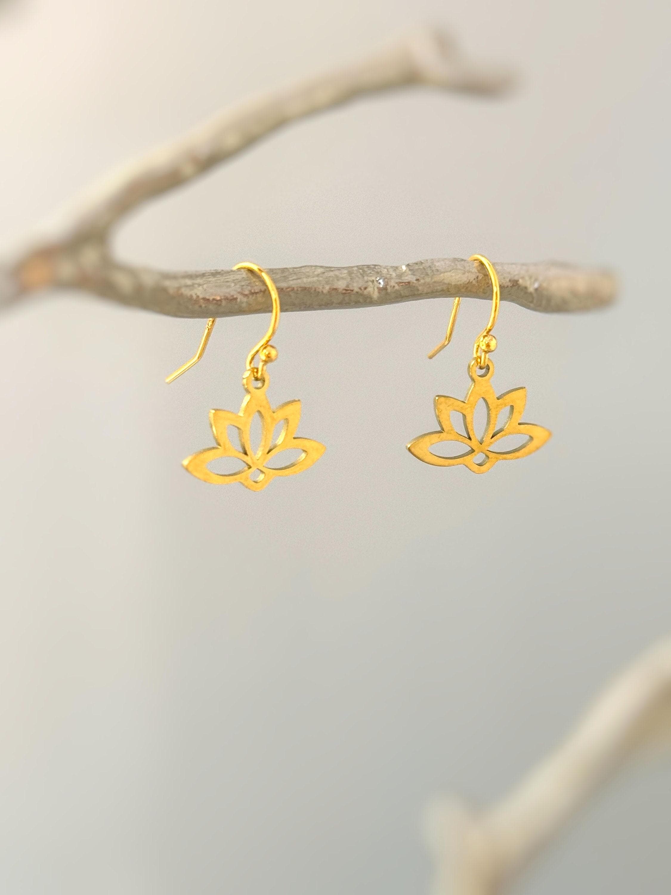 Gold Water Lily Flower Earrings dangle drop boh lotus handmade floral jewelry for summer July Birth Month flower nature jewelry gift