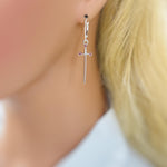 Sword Earrings dangle silver garnet handmade medieval mythical dagger punk jewelry renaissance faire Celtic gothic gift earrings for women