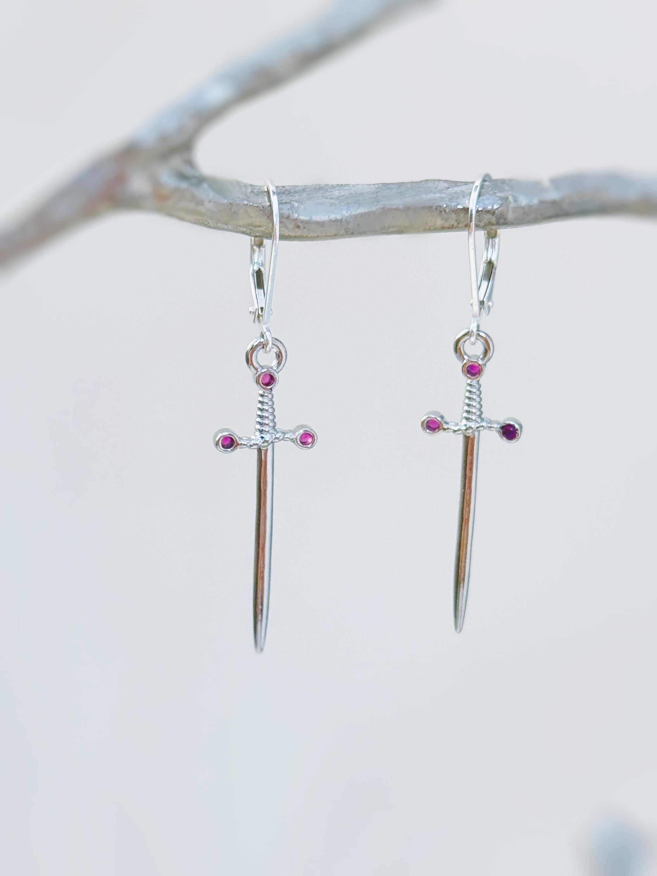 Sword Earrings dangle silver garnet handmade medieval mythical dagger punk jewelry renaissance faire Celtic gothic gift earrings for women
