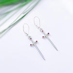 Sword Earrings dangle silver garnet handmade medieval mythical dagger punk jewelry renaissance faire Celtic gothic gift earrings for women
