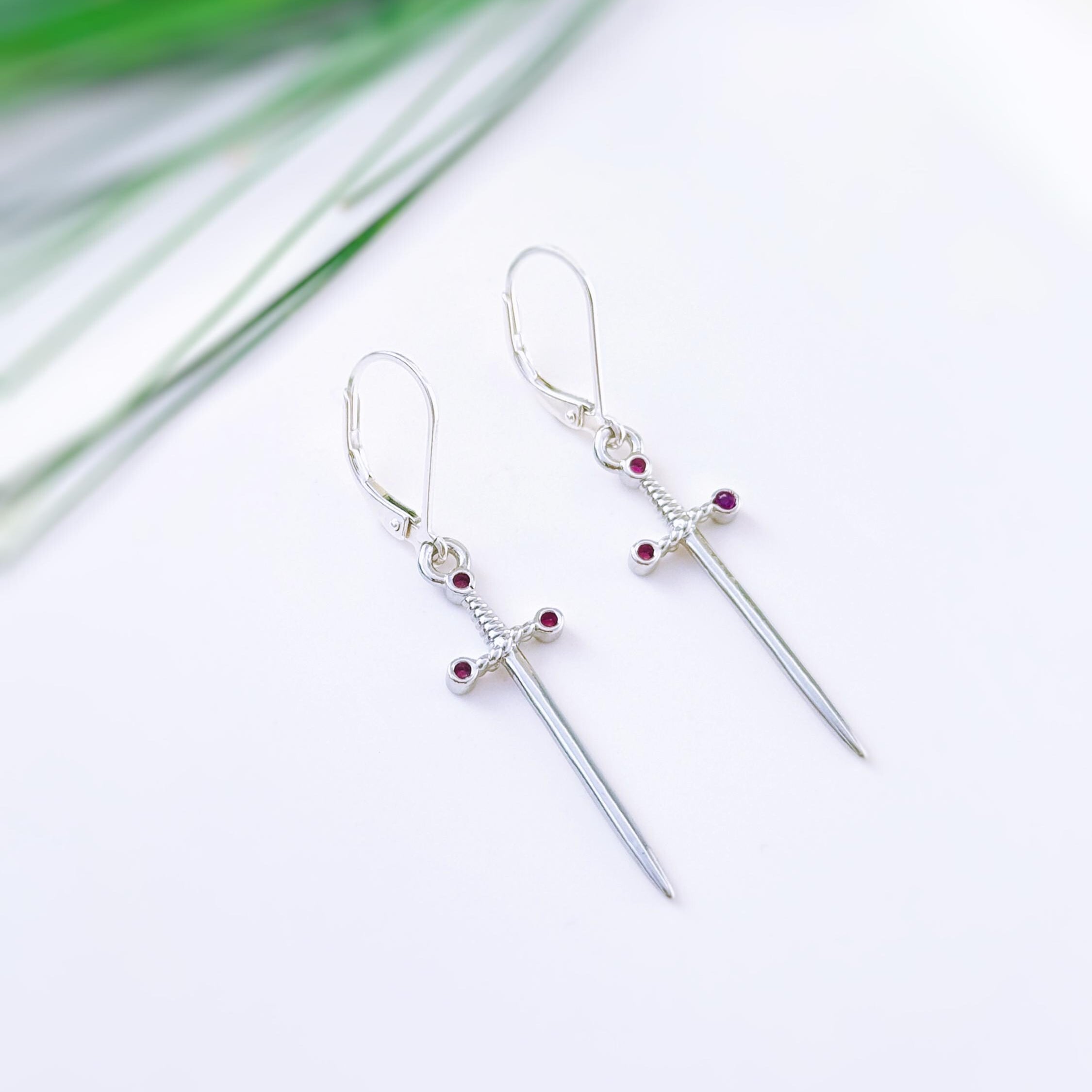 Sword Earrings dangle silver garnet handmade medieval mythical dagger punk jewelry renaissance faire Celtic gothic gift earrings for women