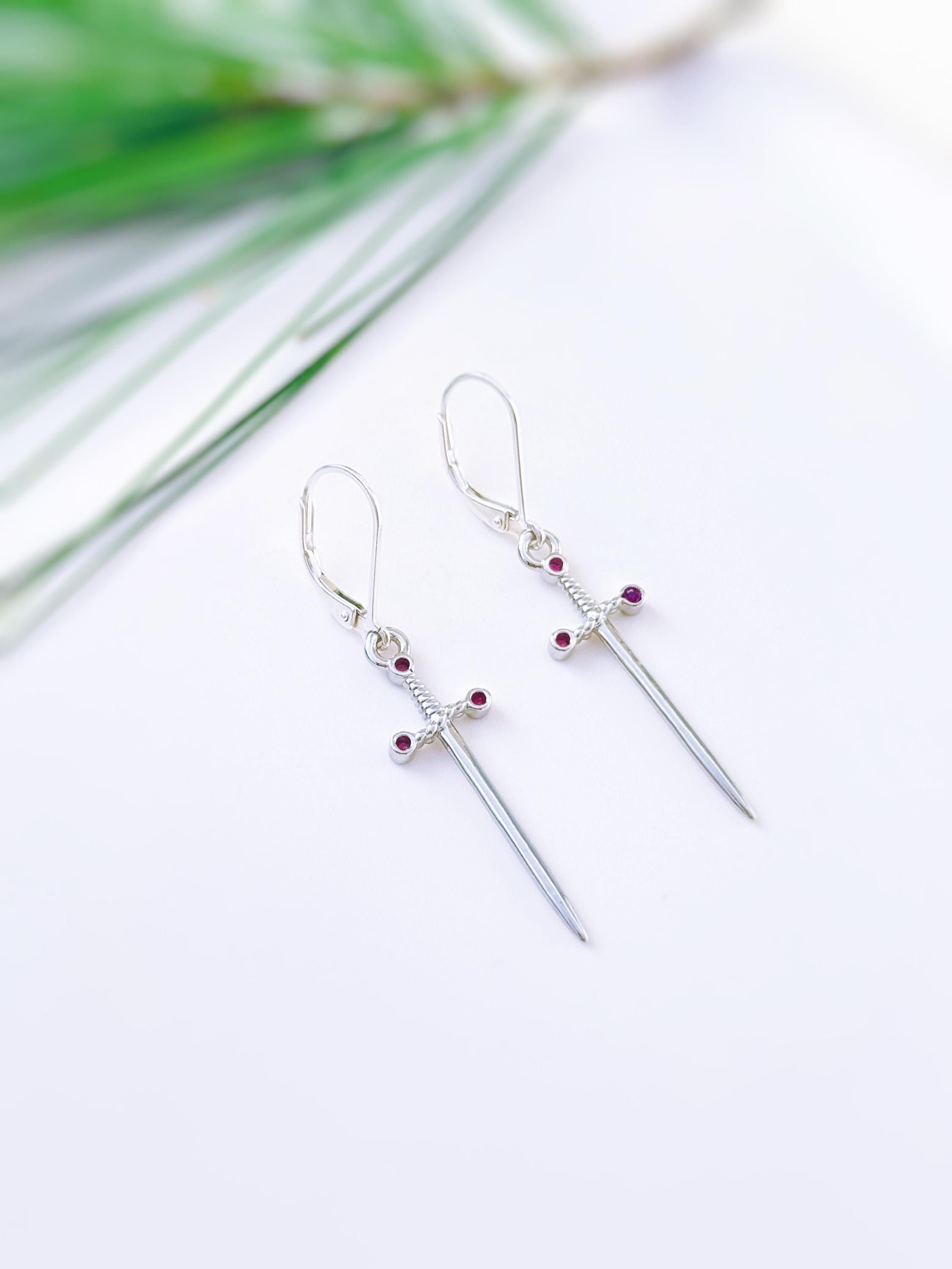 Sword Earrings dangle silver garnet handmade medieval mythical dagger punk jewelry renaissance faire Celtic gothic gift earrings for women