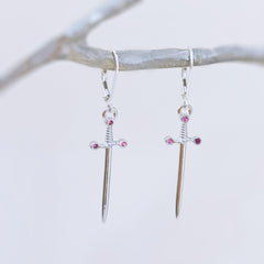 Sword Earrings dangle silver garnet handmade medieval mythical dagger punk jewelry renaissance faire Celtic gothic gift earrings for women