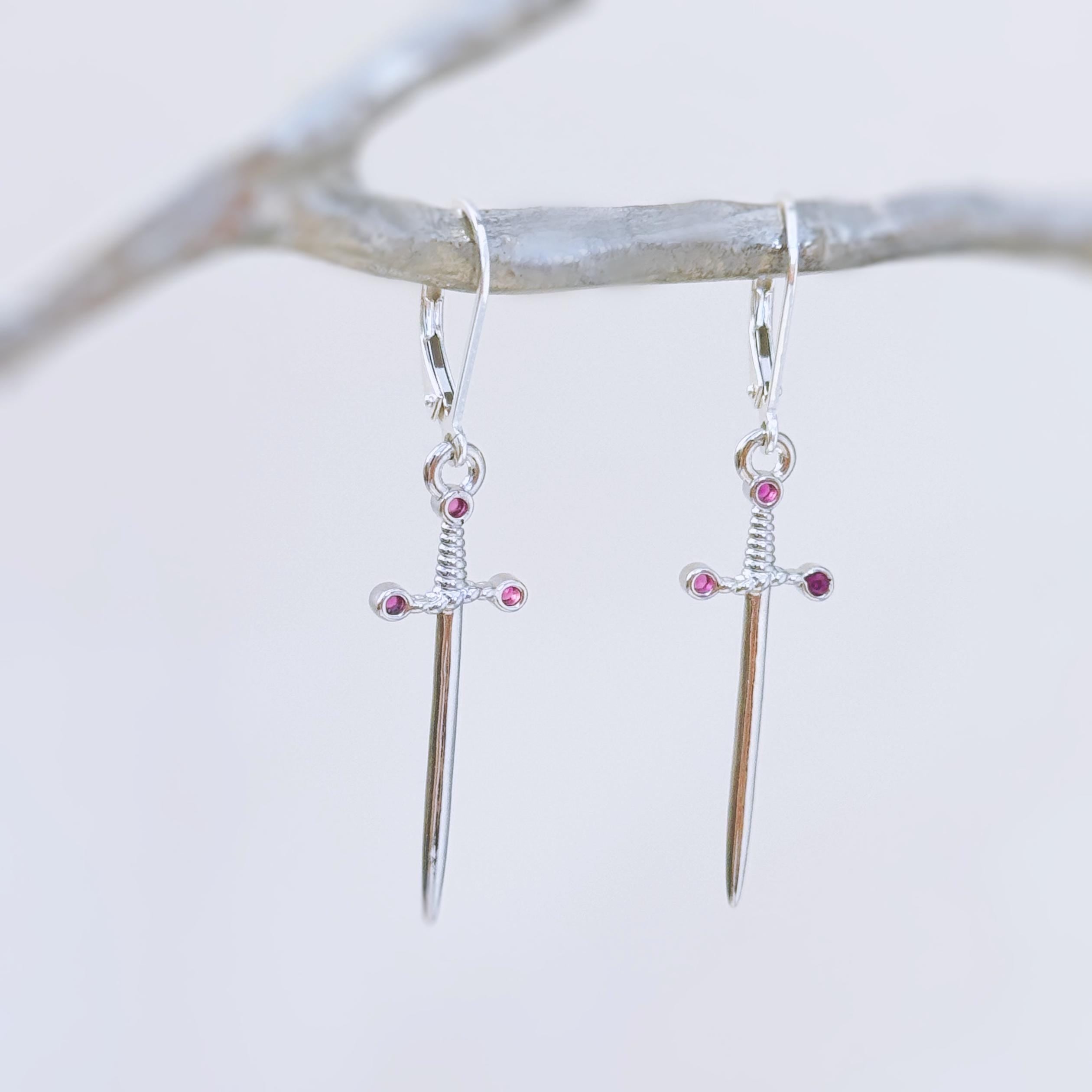 Sword Earrings dangle silver garnet handmade medieval mythical dagger punk jewelry renaissance faire Celtic gothic gift earrings for women