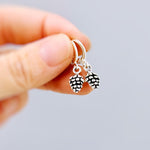 Dainty Silver Pine Cone Earrings dangle Huggie Hoops handmade rustic nature jewelry autumn fall winter earthy woodland gifts for sister, mom
