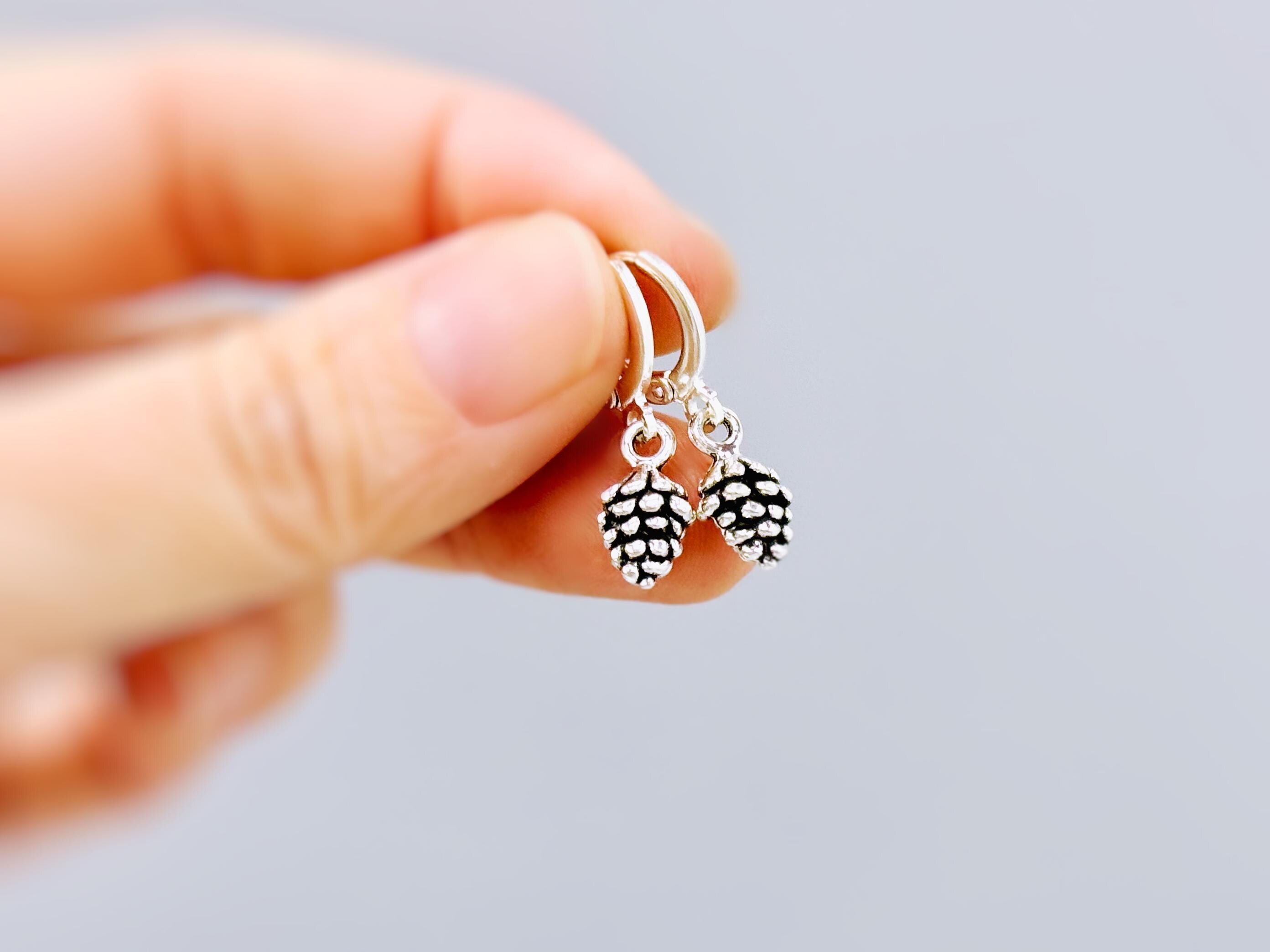 Dainty Silver Pine Cone Earrings dangle Huggie Hoops handmade rustic nature jewelry autumn fall winter earthy woodland gifts for sister, mom