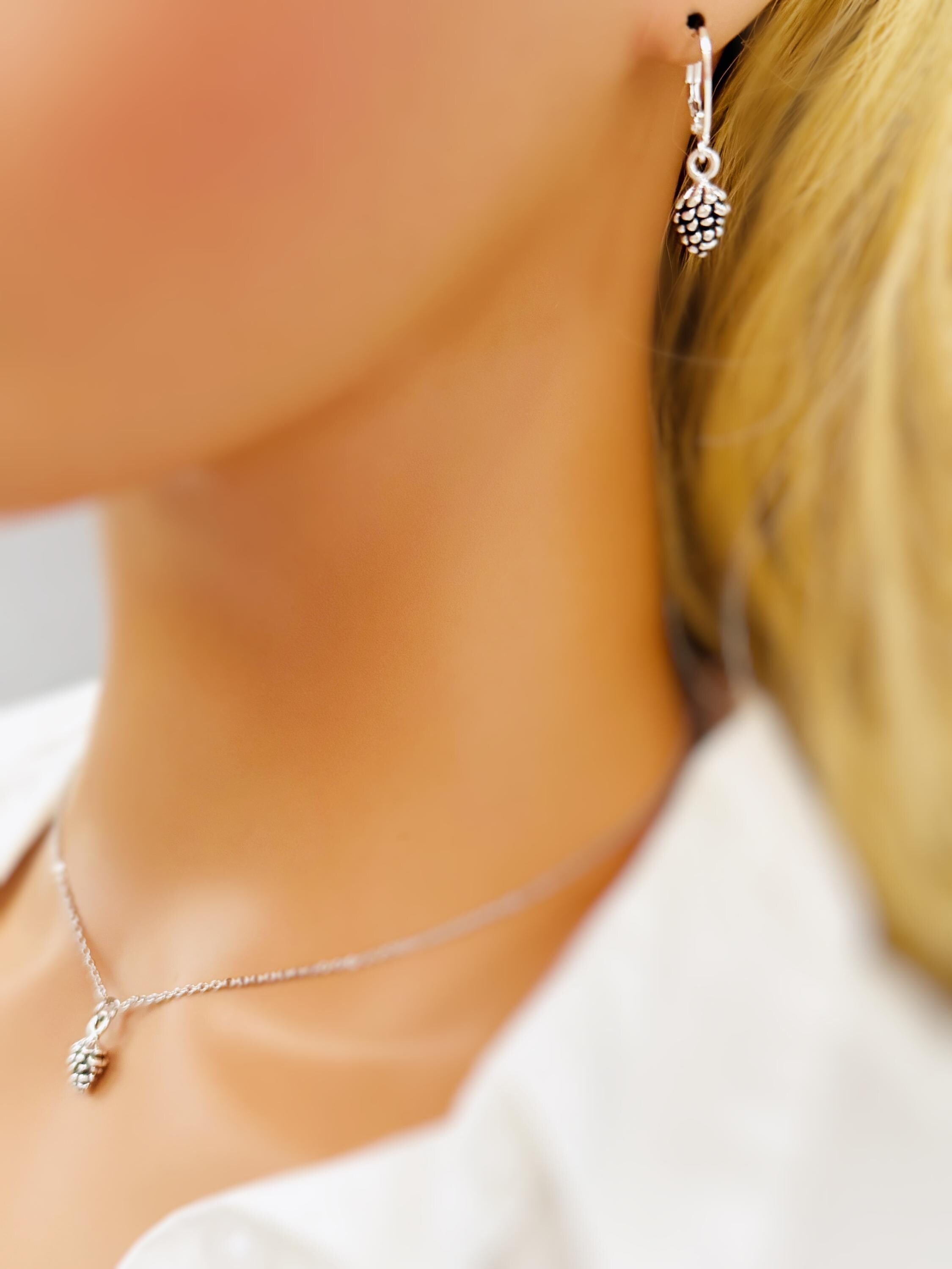 Dainty Silver Pine Cone Earrings dangle Huggie Hoops handmade rustic nature jewelry autumn fall winter earthy woodland gifts for sister, mom