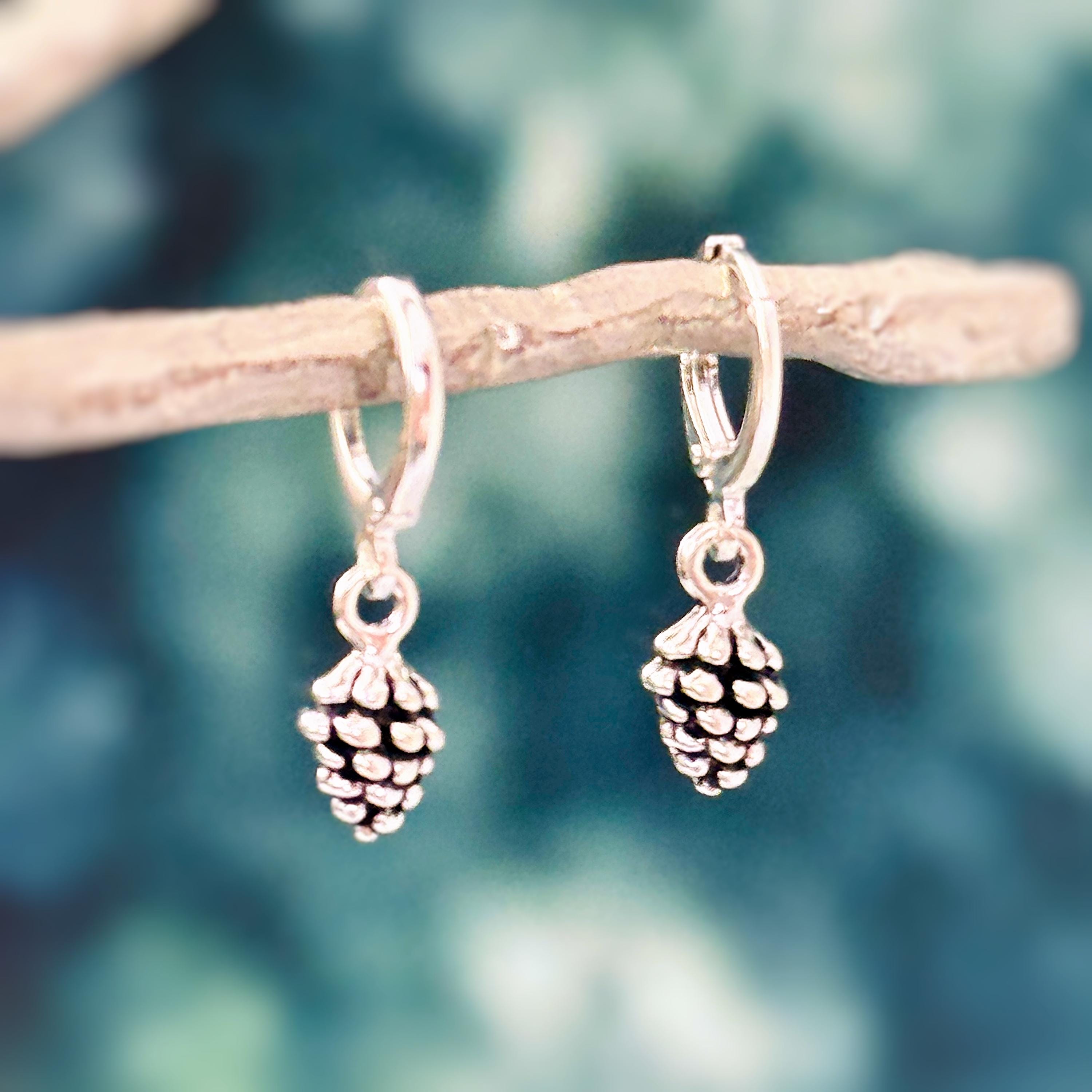 Dainty Silver Pine Cone Earrings dangle Huggie Hoops handmade rustic nature jewelry autumn fall winter earthy woodland gifts for sister, mom
