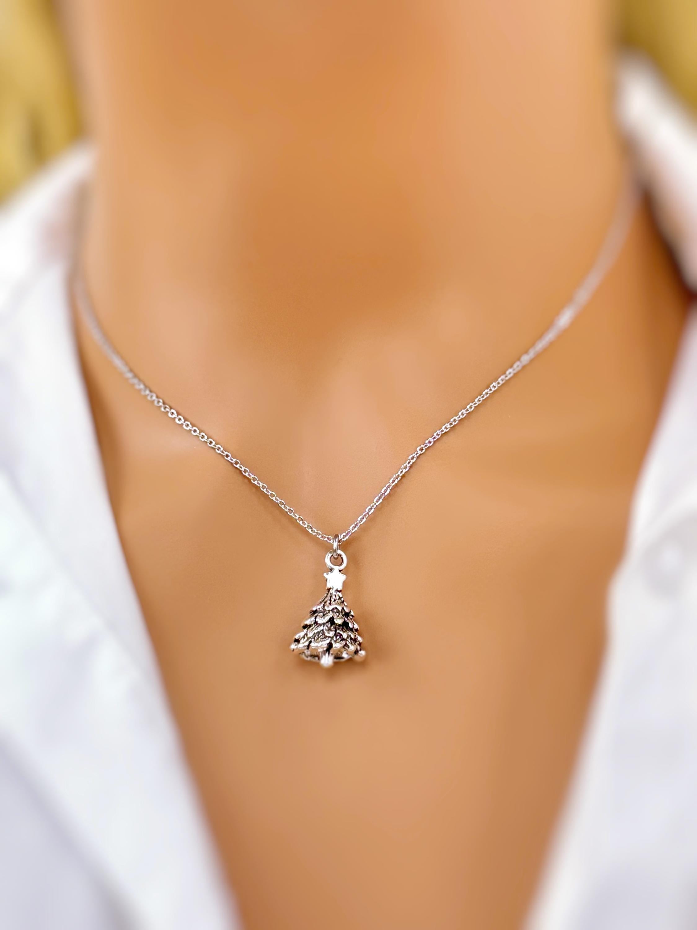 Silver Christmas Tree Necklace pine tree pendant handmade rustic nature jewelry gift for outdoor lovers holiday party winter jewelry gift