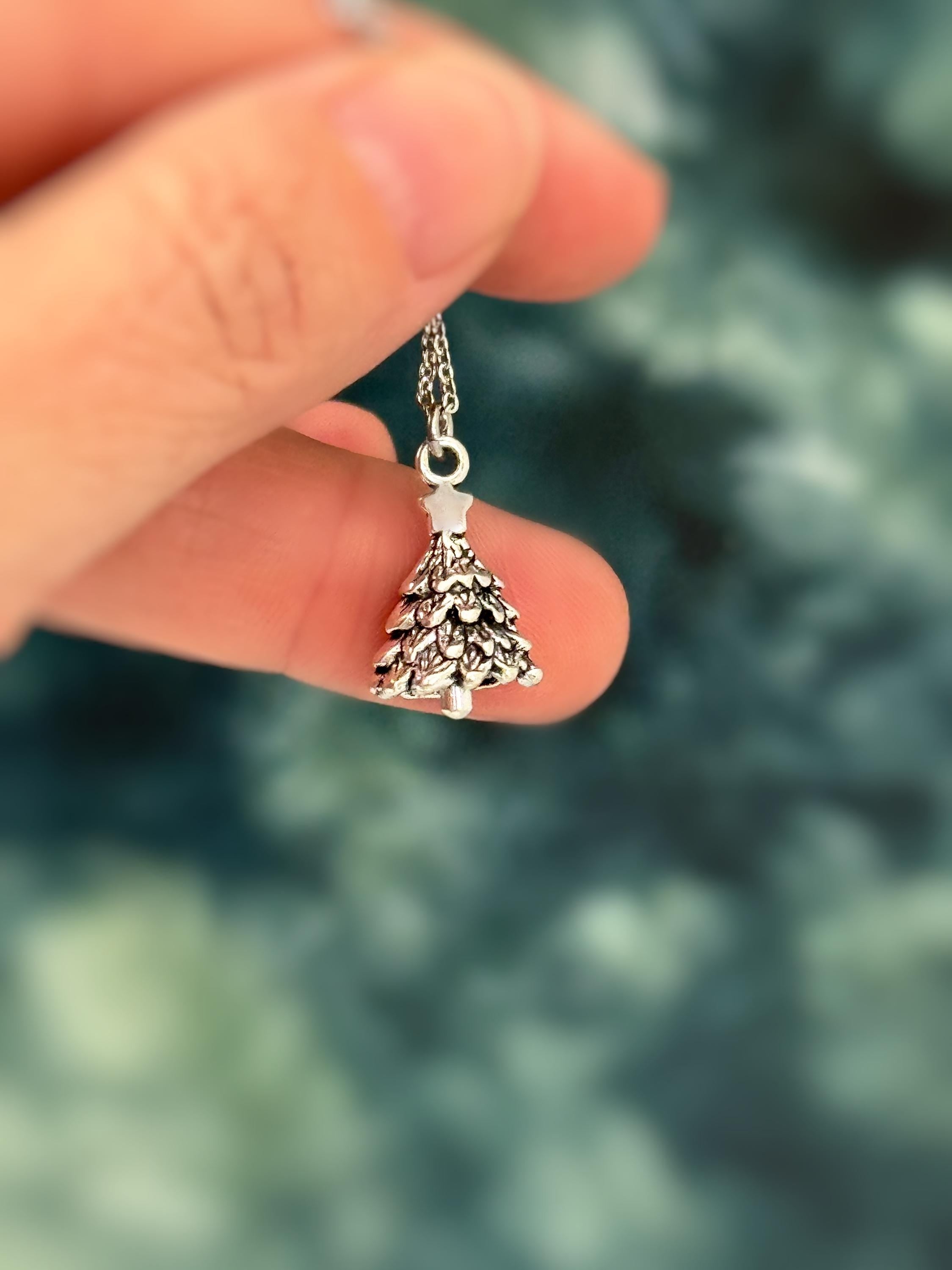 Silver Christmas Tree Necklace pine tree pendant handmade rustic nature jewelry gift for outdoor lovers holiday party winter jewelry gift