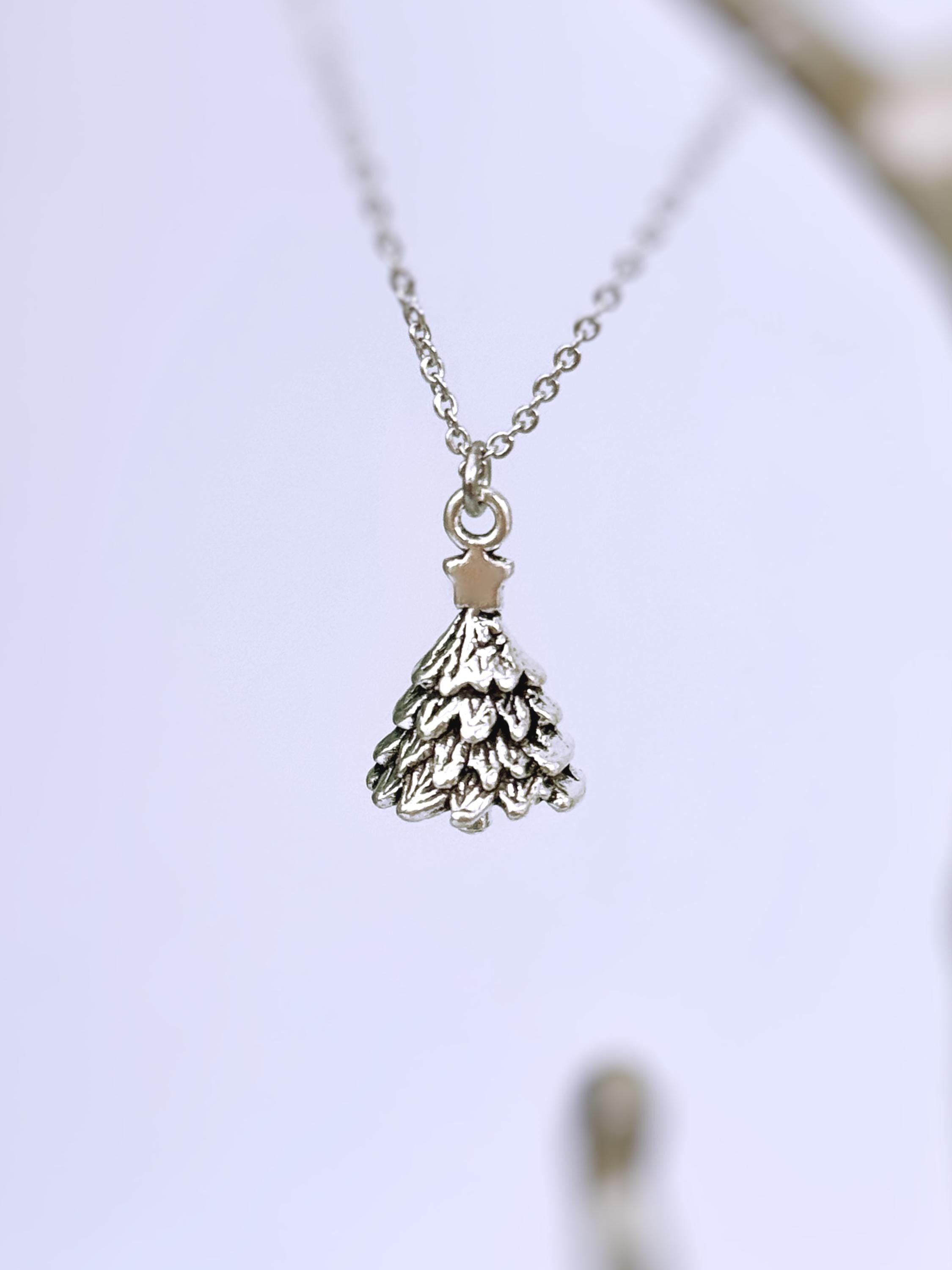 Silver Christmas Tree Necklace pine tree pendant handmade rustic nature jewelry gift for outdoor lovers  holiday party winter jewelry gift
