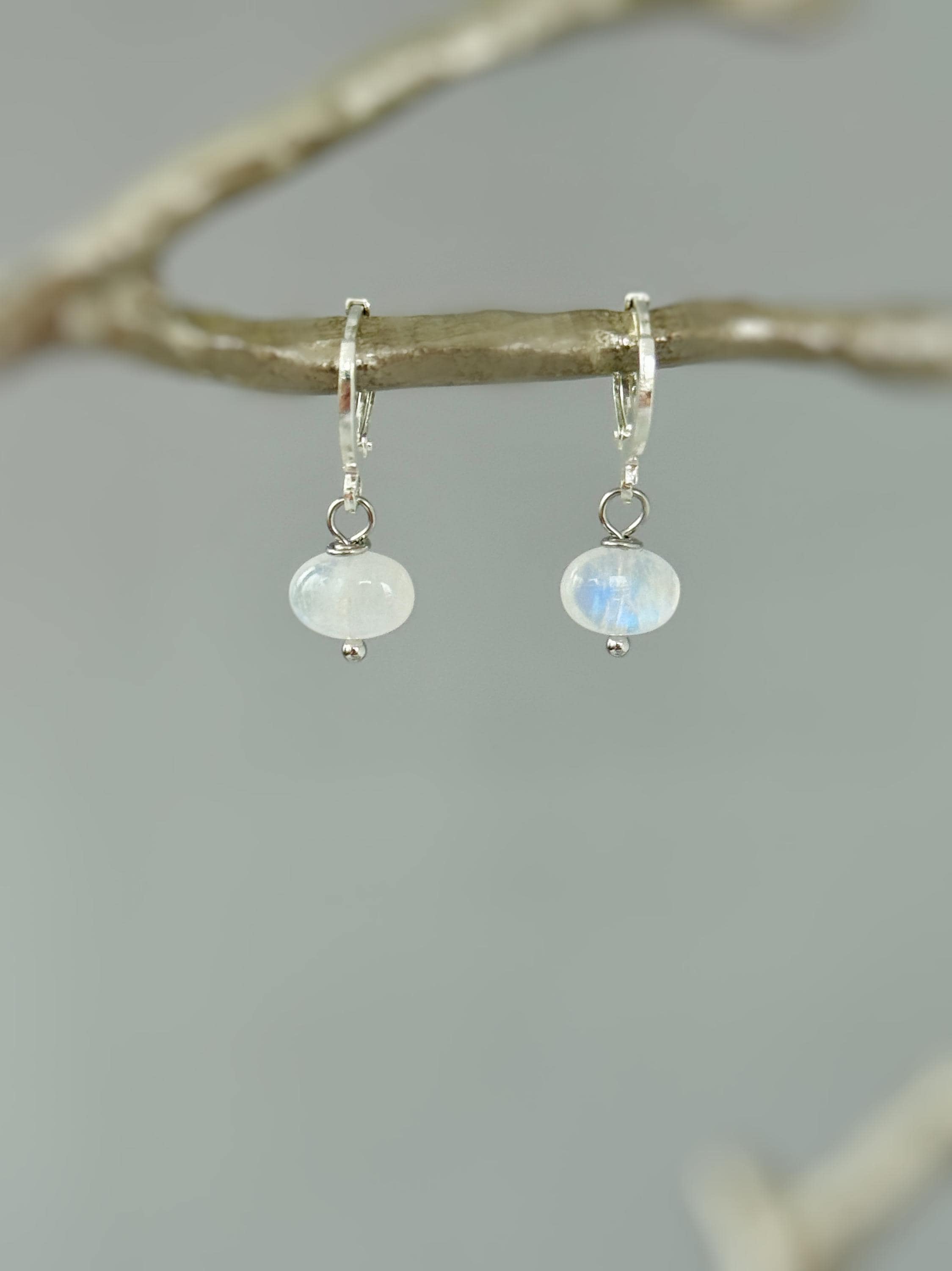 Dainty Moonstone Hoop Earrings Silver, Gold, Rose Gold Minimalist Huggie Hoop Dangle Earrings June Birthstone Jewelry Handmade gift for wife