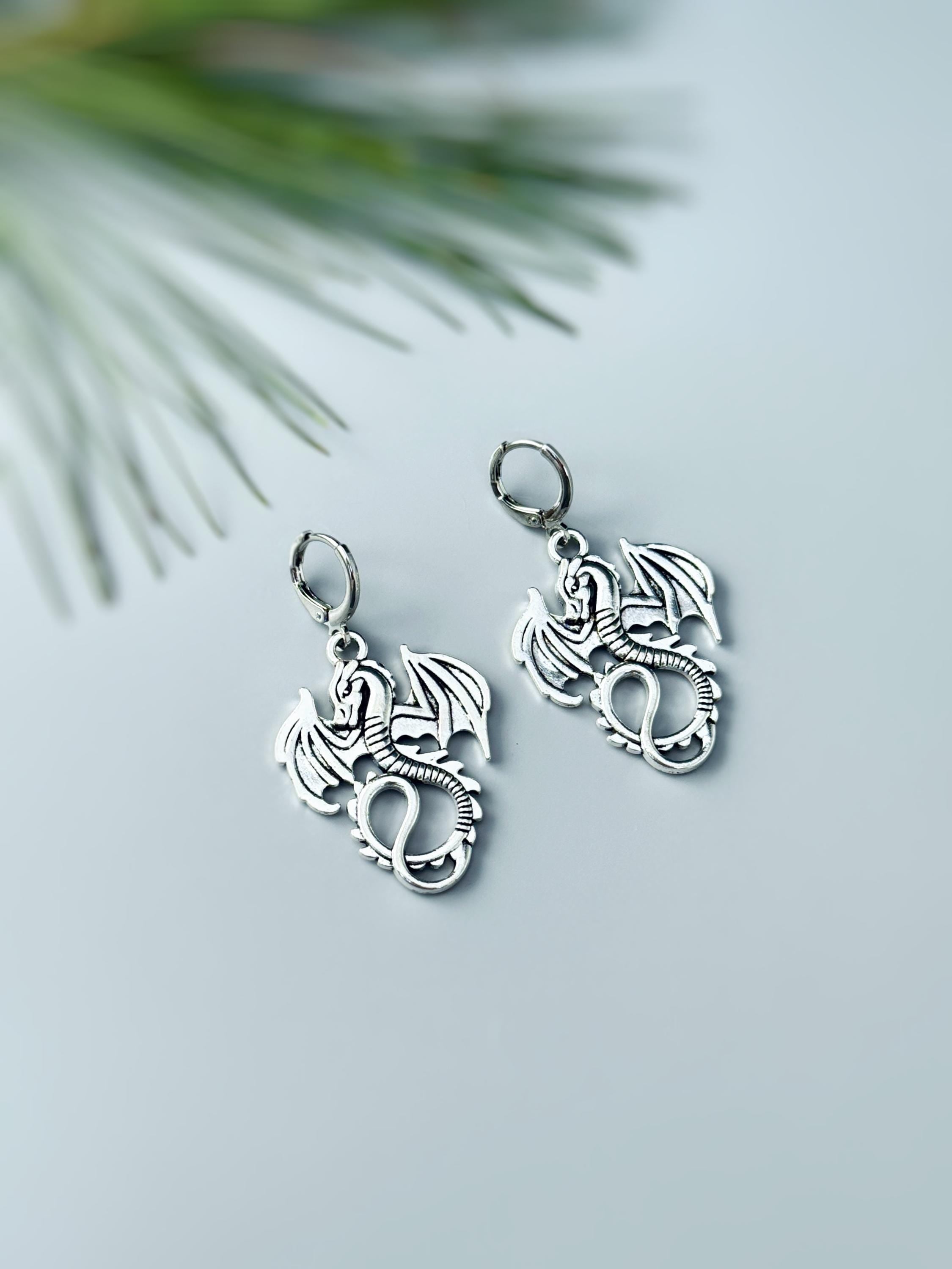 Silver Dragon Earrings dangle handmade Fantasy whimsigoth jewelry stainless steel grunge gothic statement earrings witchy gift for women