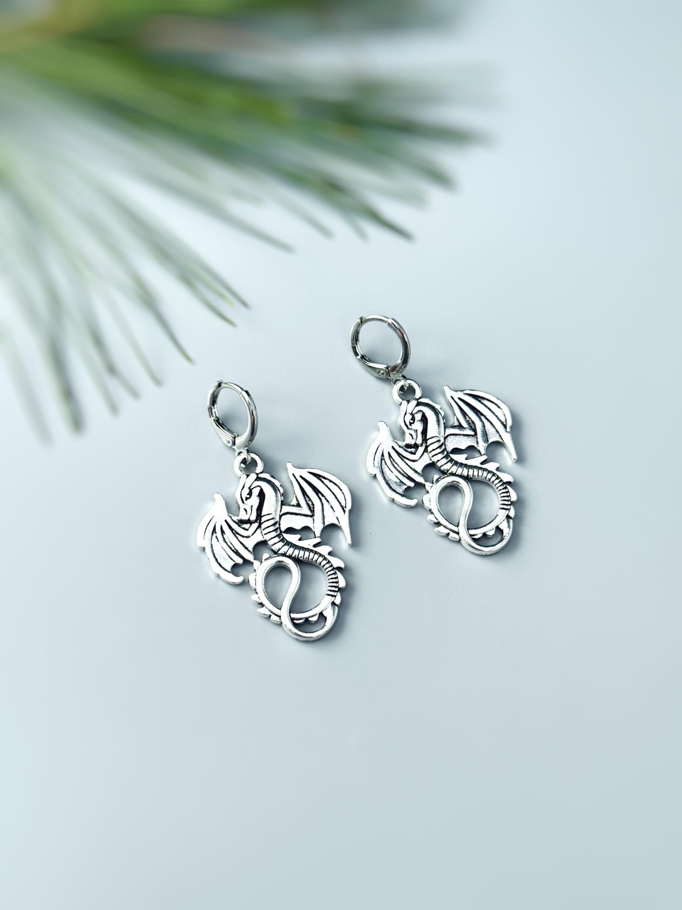 Silver Dragon Earrings dangle handmade Fantasy whimsigoth jewelry stainless steel grunge gothic statement earrings witchy gift for women