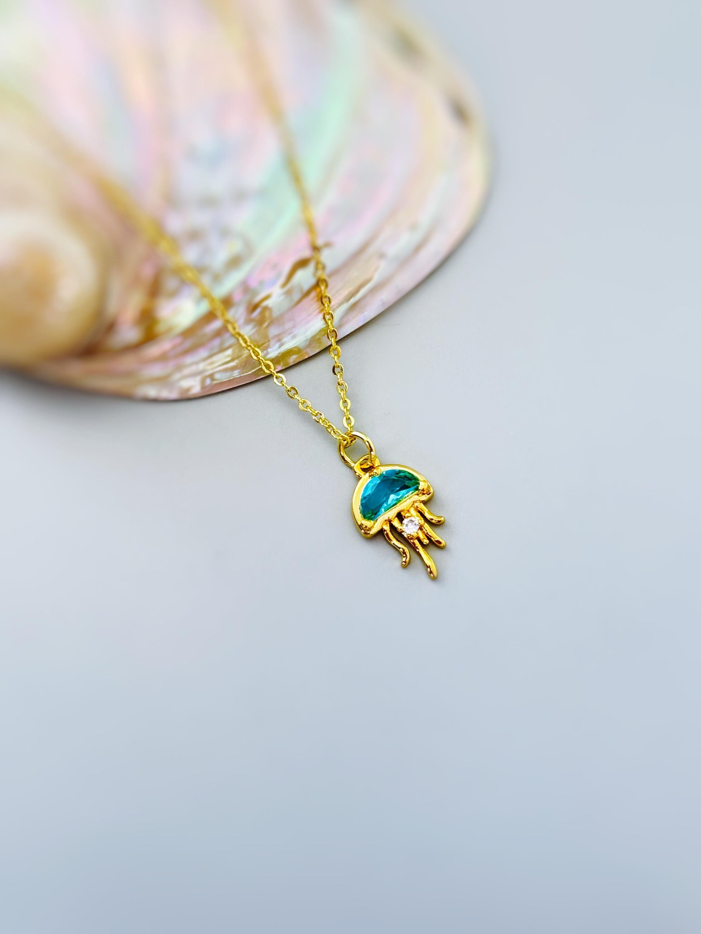 Dainty Gold Jellyfish Necklace handmade beach jewelry unique aqua blue crystal ocean pendant gift for surfers, swimmers, sister daughter