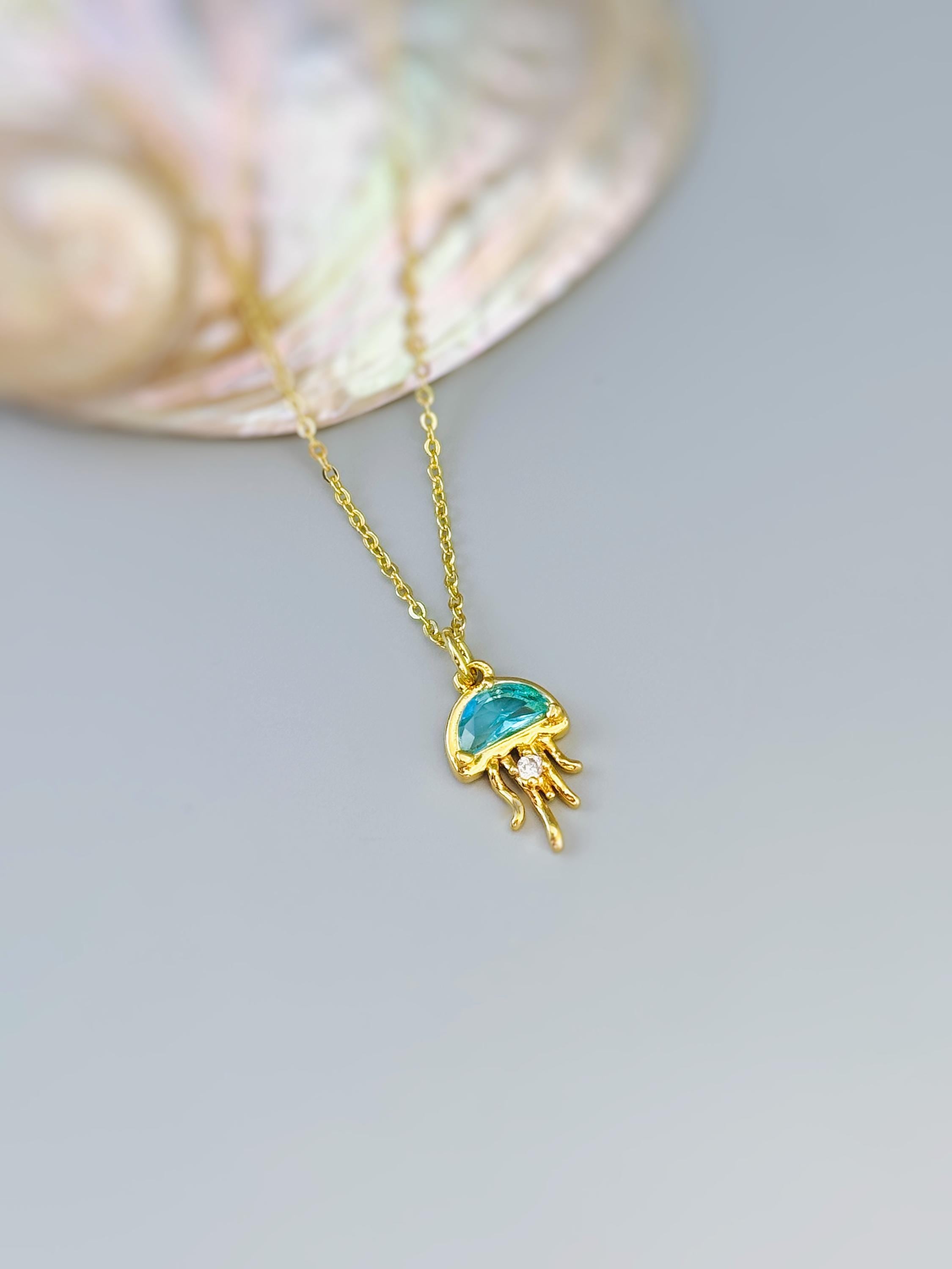 Dainty Gold Jellyfish Necklace handmade beach jewelry unique aqua blue crystal ocean pendant gift for surfers, swimmers, sister daughter mom