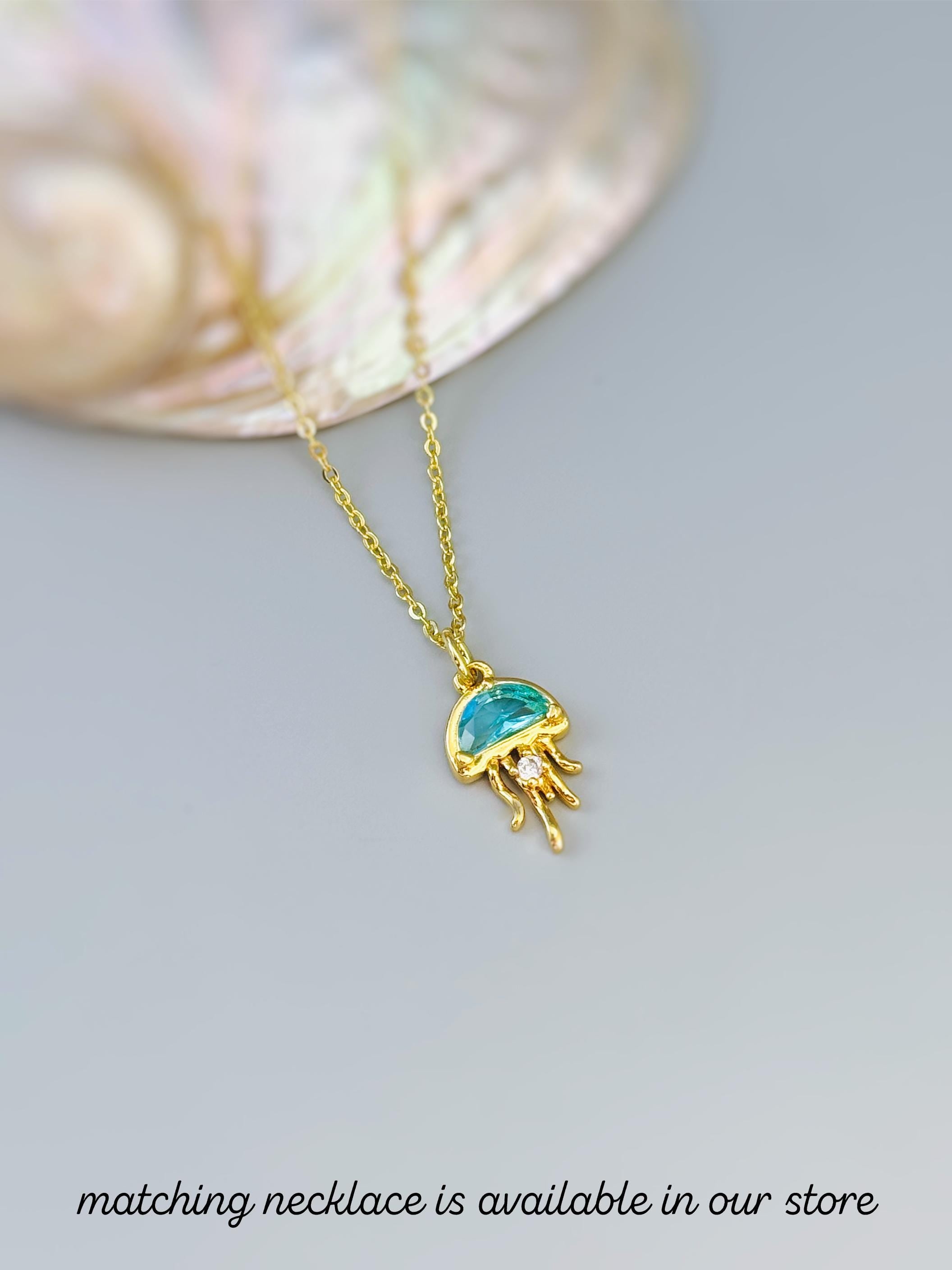 Gold Jellyfish Earrings dangle handmade beach jewelry unique dangling aqua charm ocean earrings gift for surfer, swimmer, sister daughter