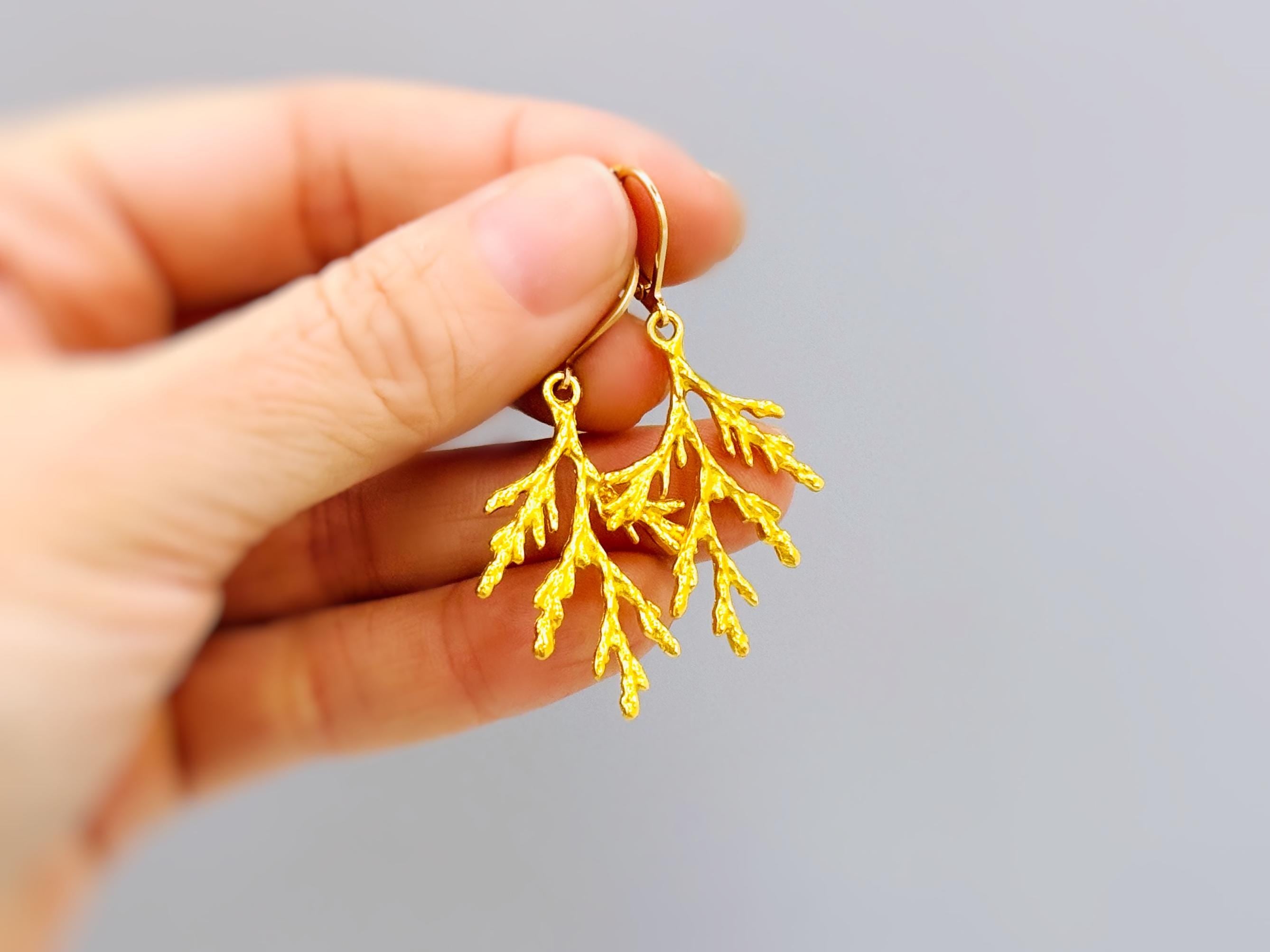 Forest Nature Earrings gold dangle Cedar Branch handmade rustic winter jewelry earthy woodland gifts for outdoor lovers, hikers sisters moms