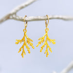 Forest Nature Earrings gold dangle Cedar Branch handmade rustic winter jewelry earthy woodland gifts for outdoor lovers, hikers sisters moms