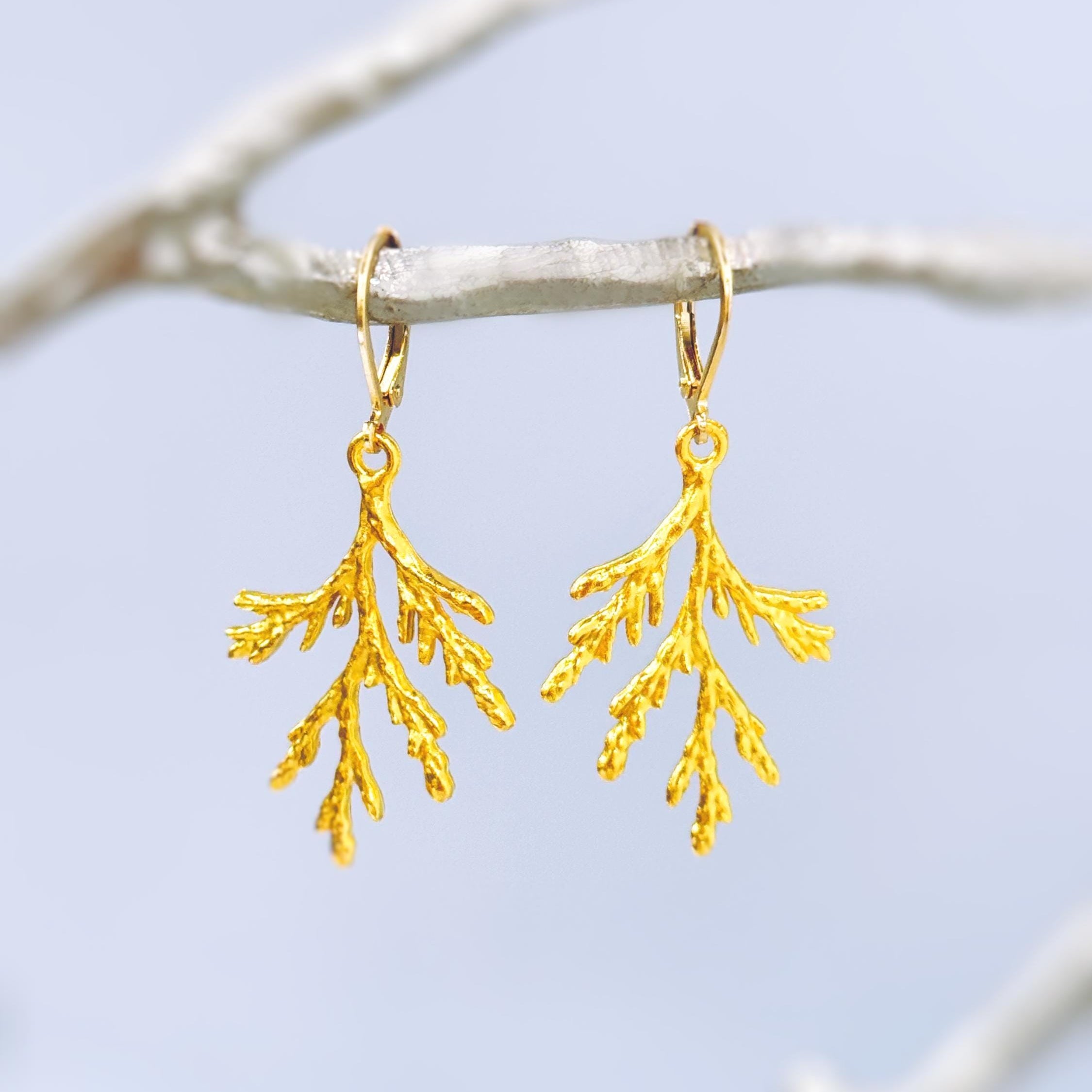 Forest Nature Earrings gold dangle Cedar Branch handmade rustic winter jewelry earthy woodland gifts for outdoor lovers, hikers sisters moms