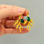 Forest Nature Earrings gold emerald dangle Cedar Branch handmade rustic winter jewelry earthy woodland gifts for outdoor lovers, hikers